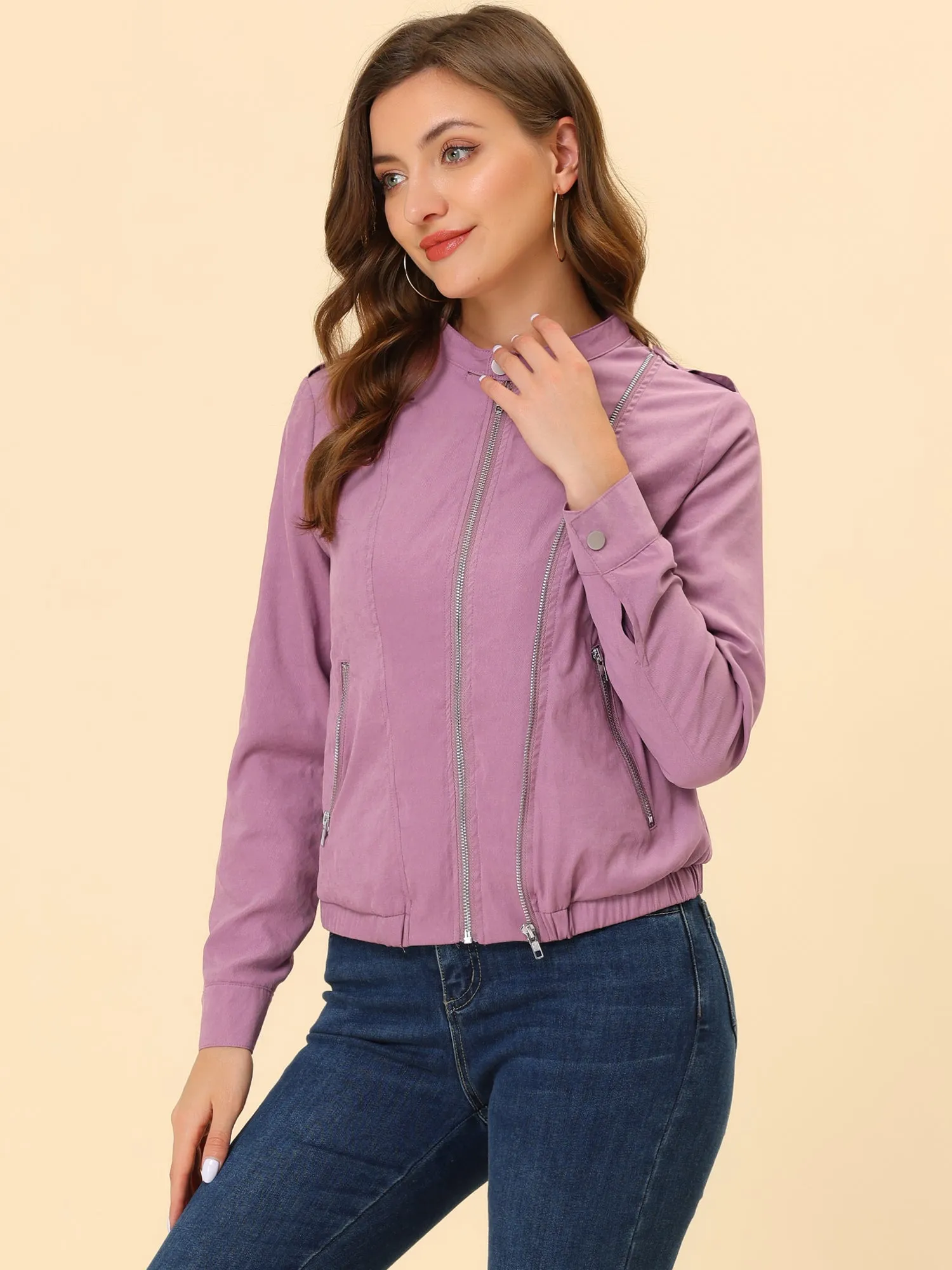 Casual Stand Collar Pocket Short Biker Lightweight Moto Jacket