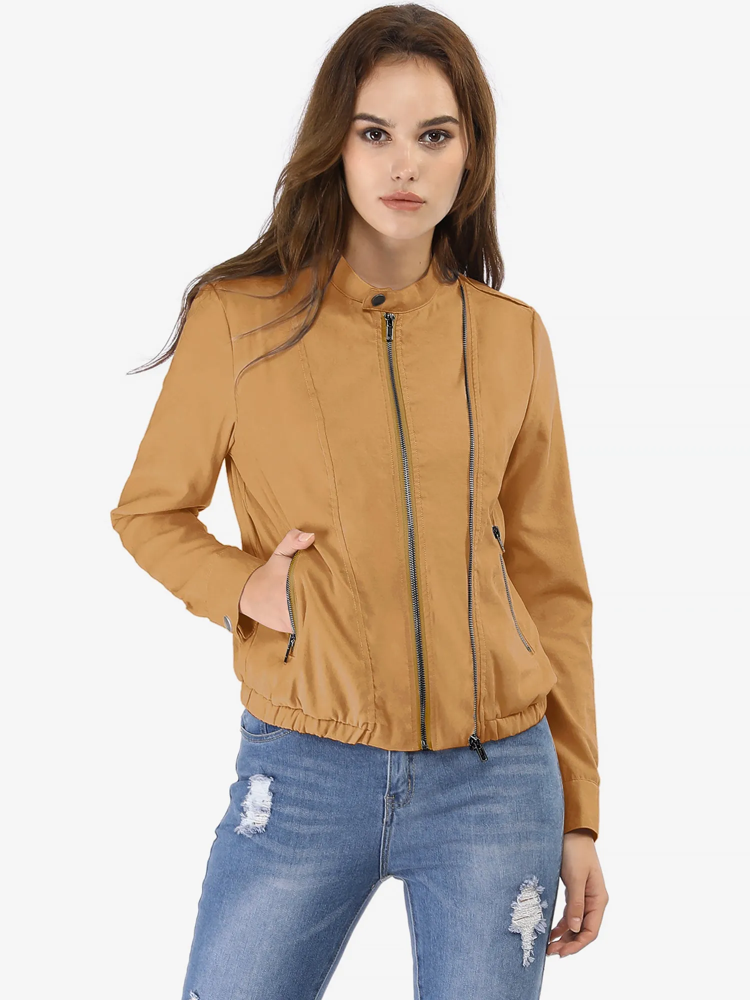 Casual Stand Collar Pocket Short Biker Lightweight Moto Jacket