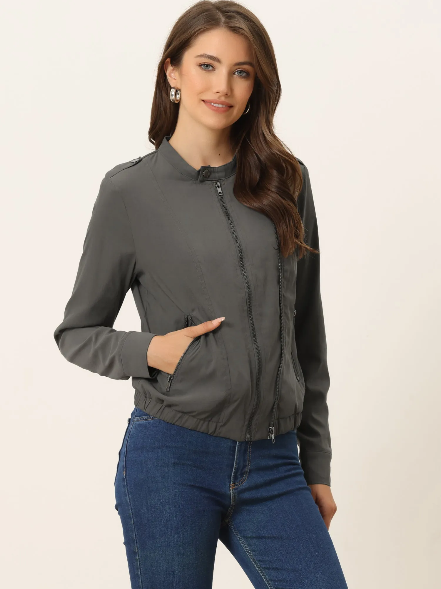 Casual Stand Collar Pocket Short Biker Lightweight Moto Jacket