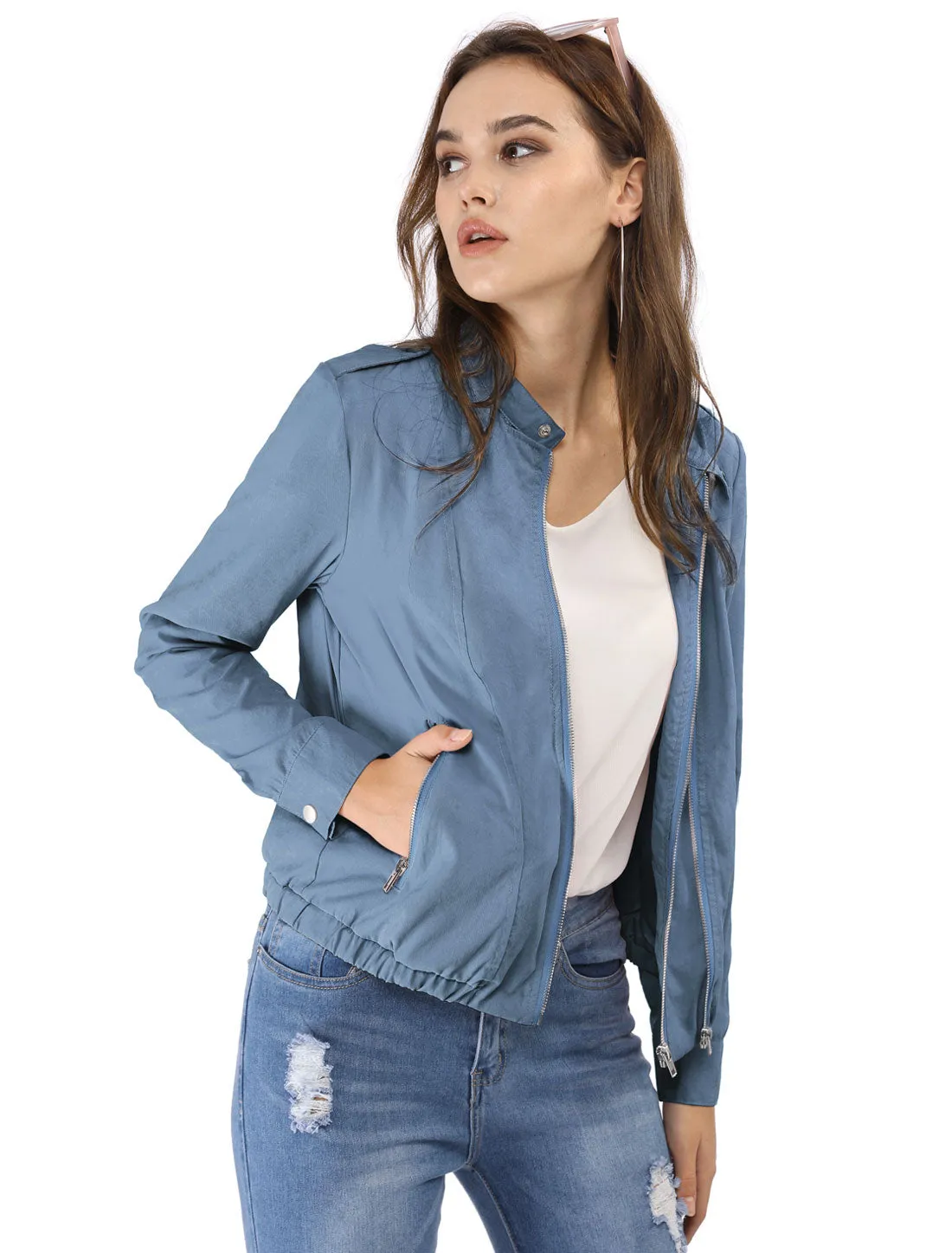 Casual Stand Collar Pocket Short Biker Lightweight Moto Jacket