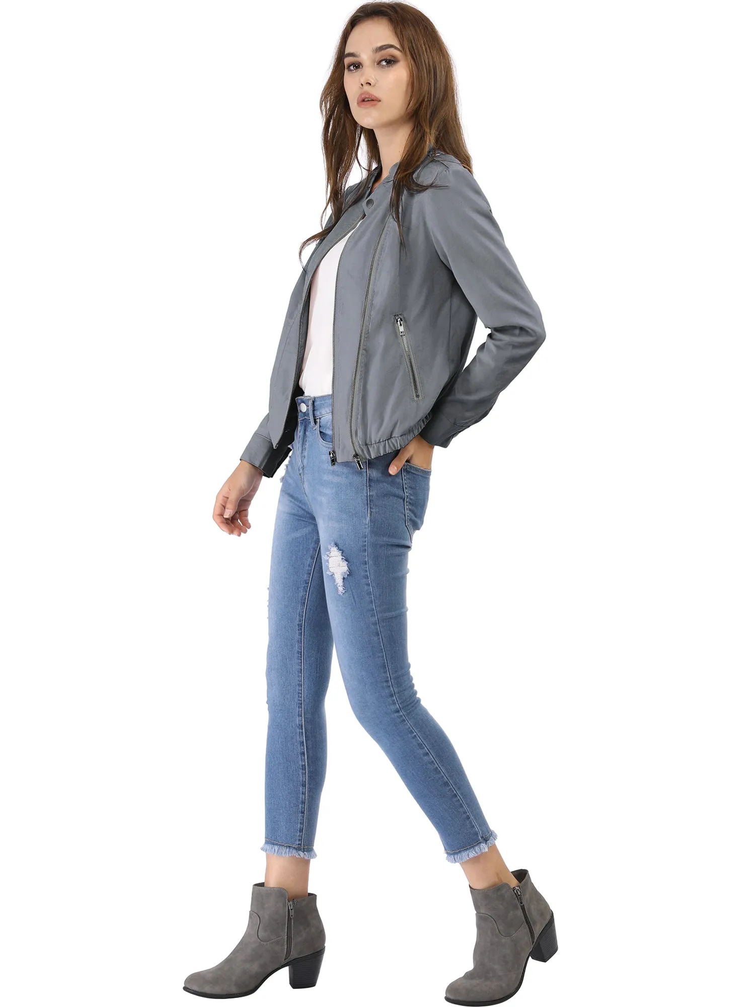 Casual Stand Collar Pocket Short Biker Lightweight Moto Jacket