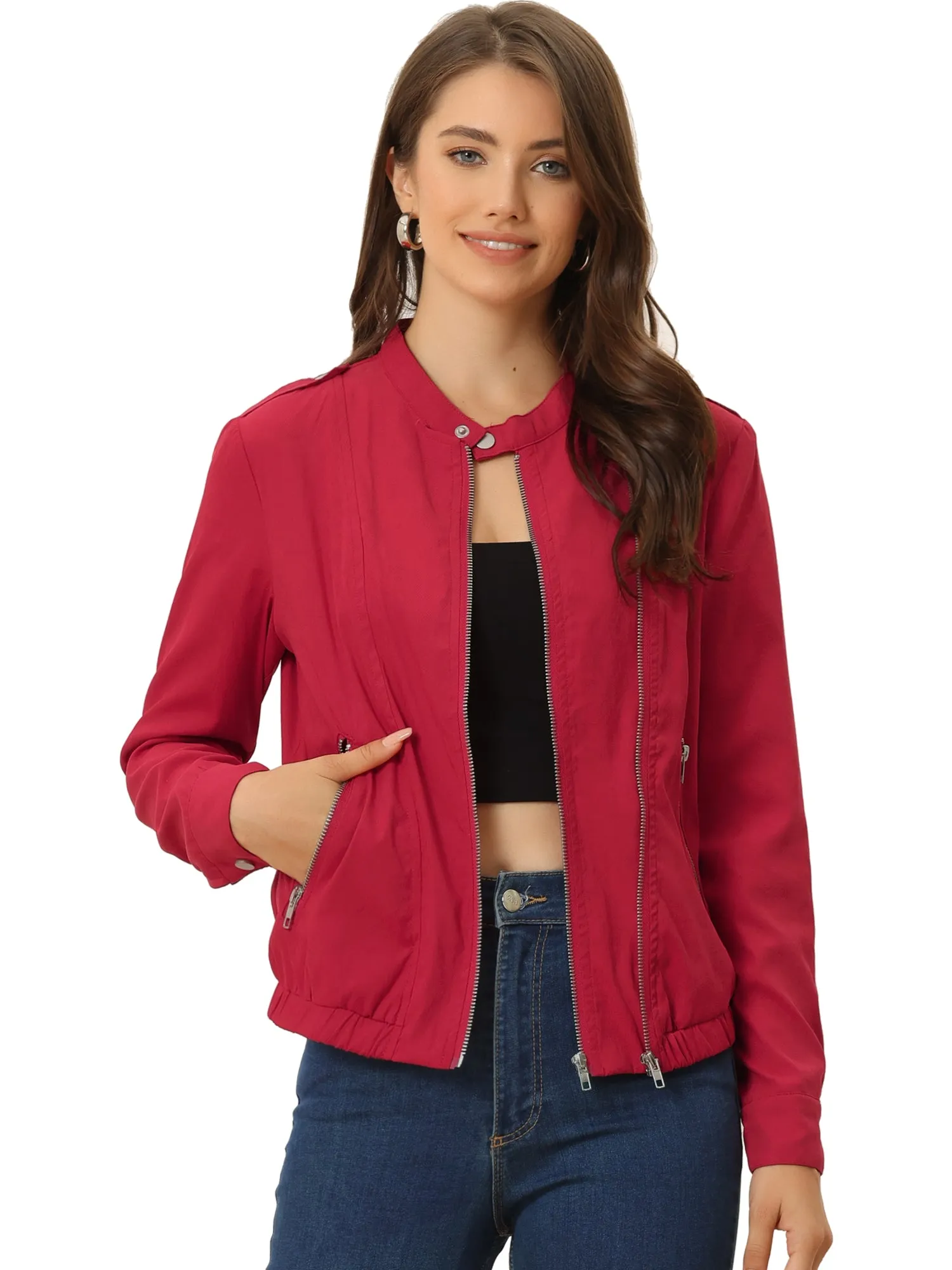Casual Stand Collar Pocket Short Biker Lightweight Moto Jacket