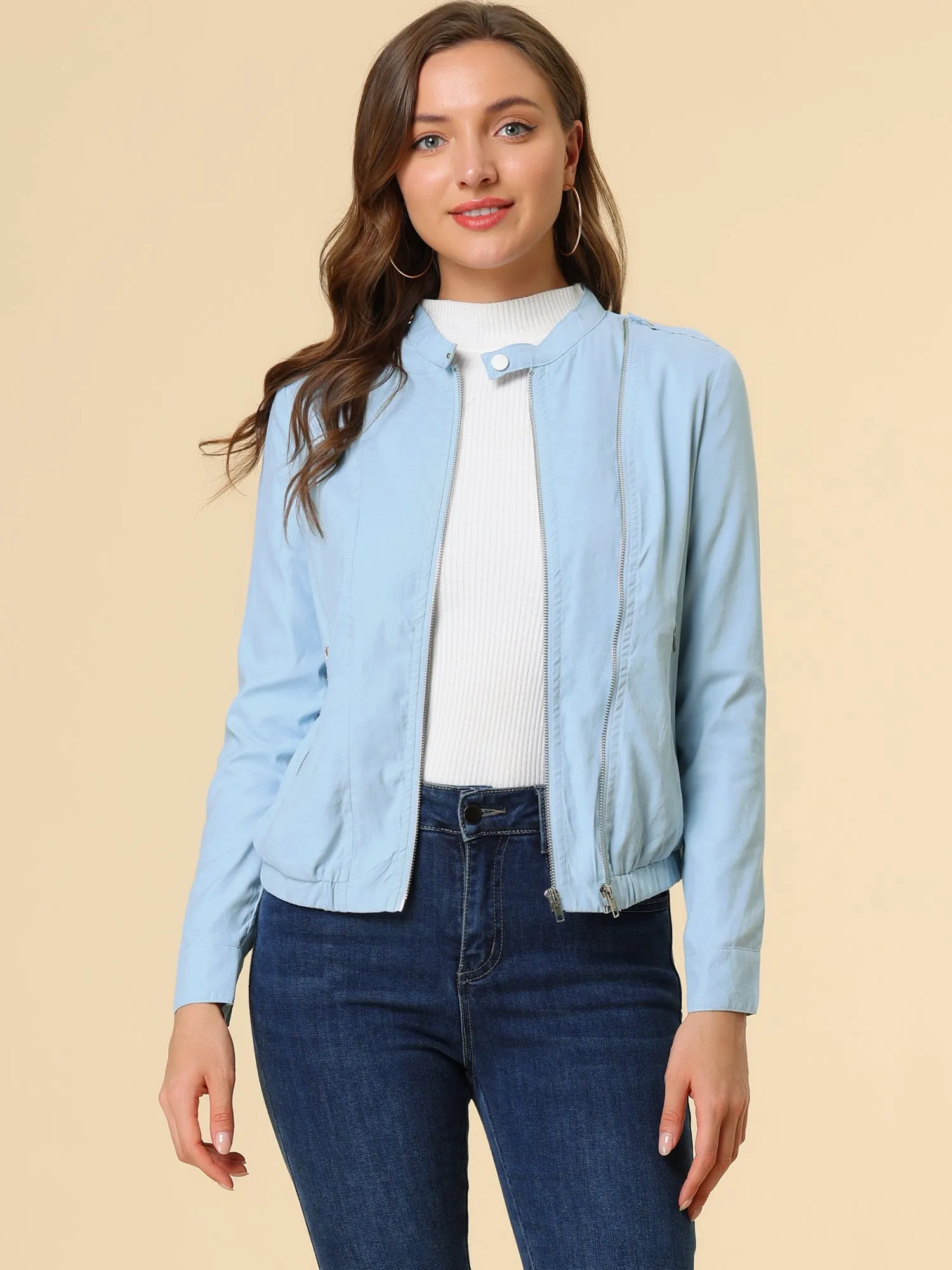 Casual Stand Collar Pocket Short Biker Lightweight Moto Jacket