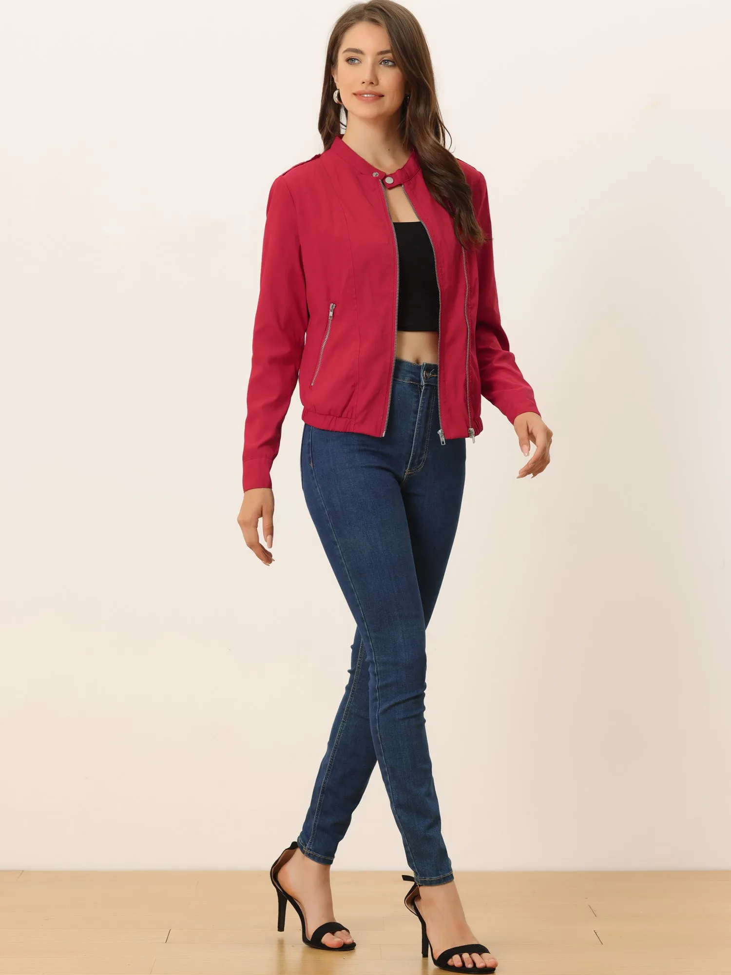 Casual Stand Collar Pocket Short Biker Lightweight Moto Jacket