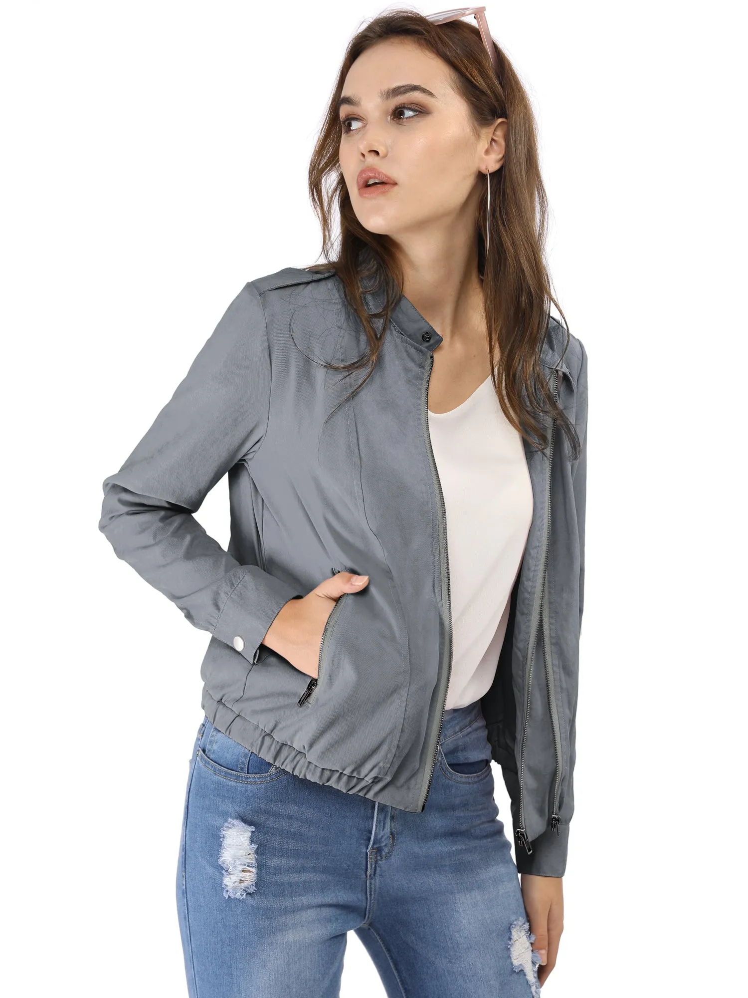 Casual Stand Collar Pocket Short Biker Lightweight Moto Jacket