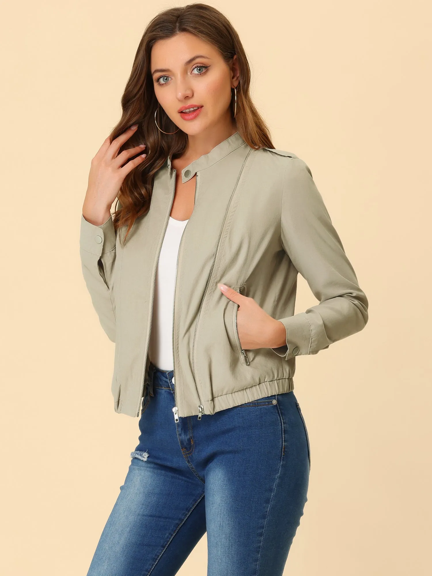 Casual Stand Collar Pocket Short Biker Lightweight Moto Jacket