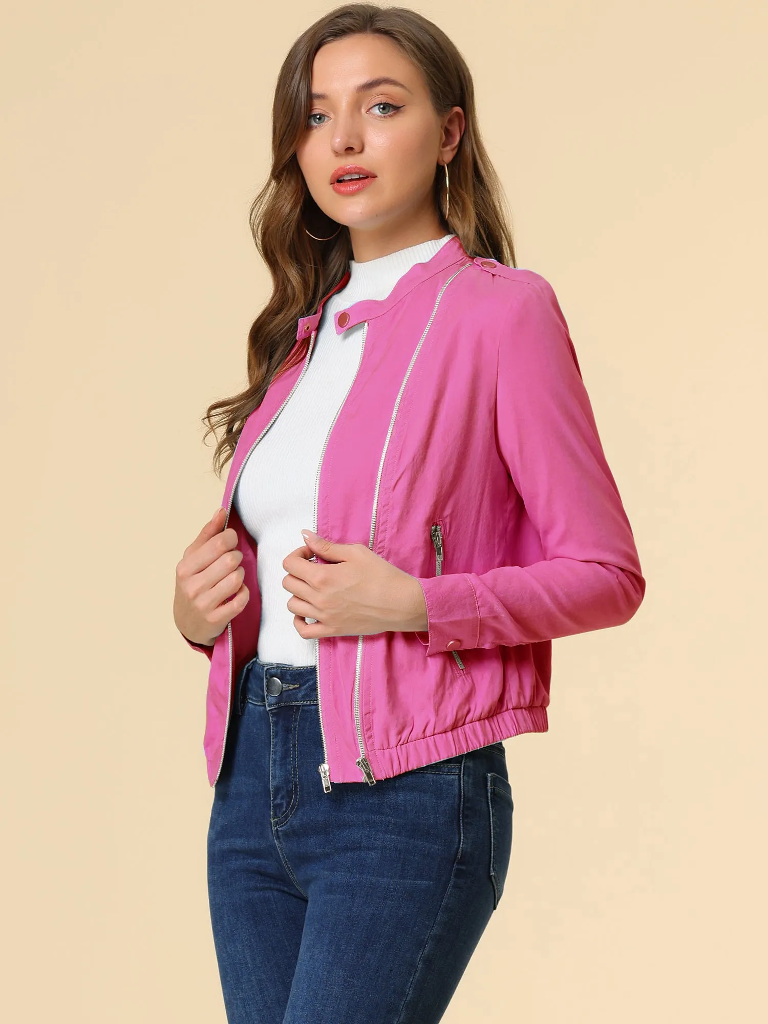 Casual Stand Collar Pocket Short Biker Lightweight Moto Jacket