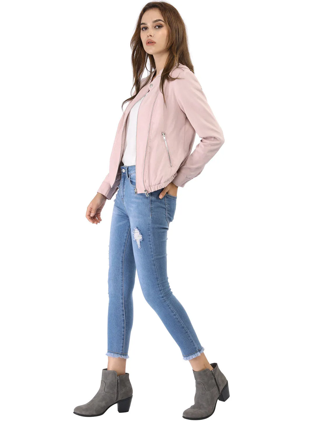 Casual Stand Collar Pocket Short Biker Lightweight Moto Jacket