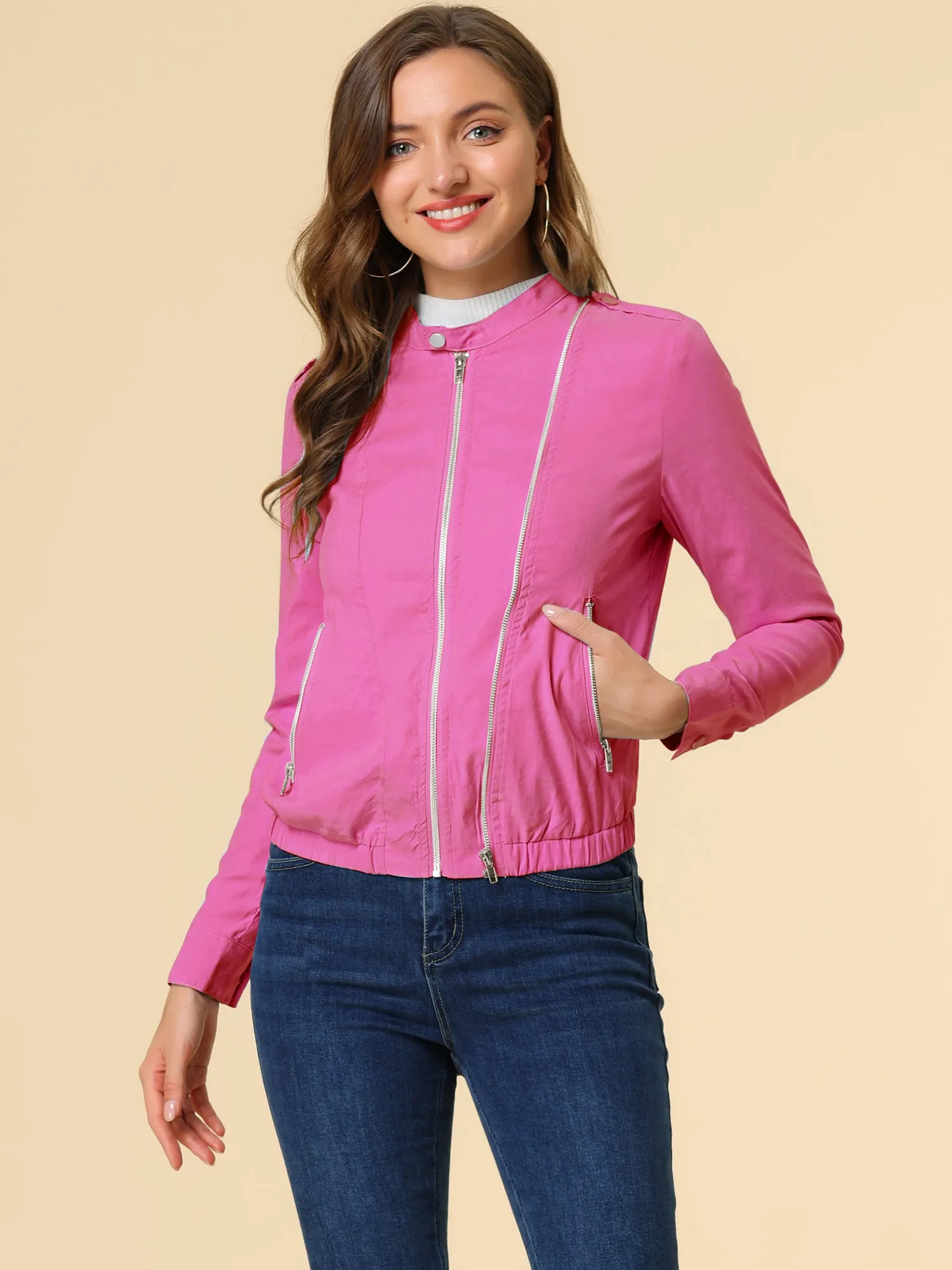 Casual Stand Collar Pocket Short Biker Lightweight Moto Jacket