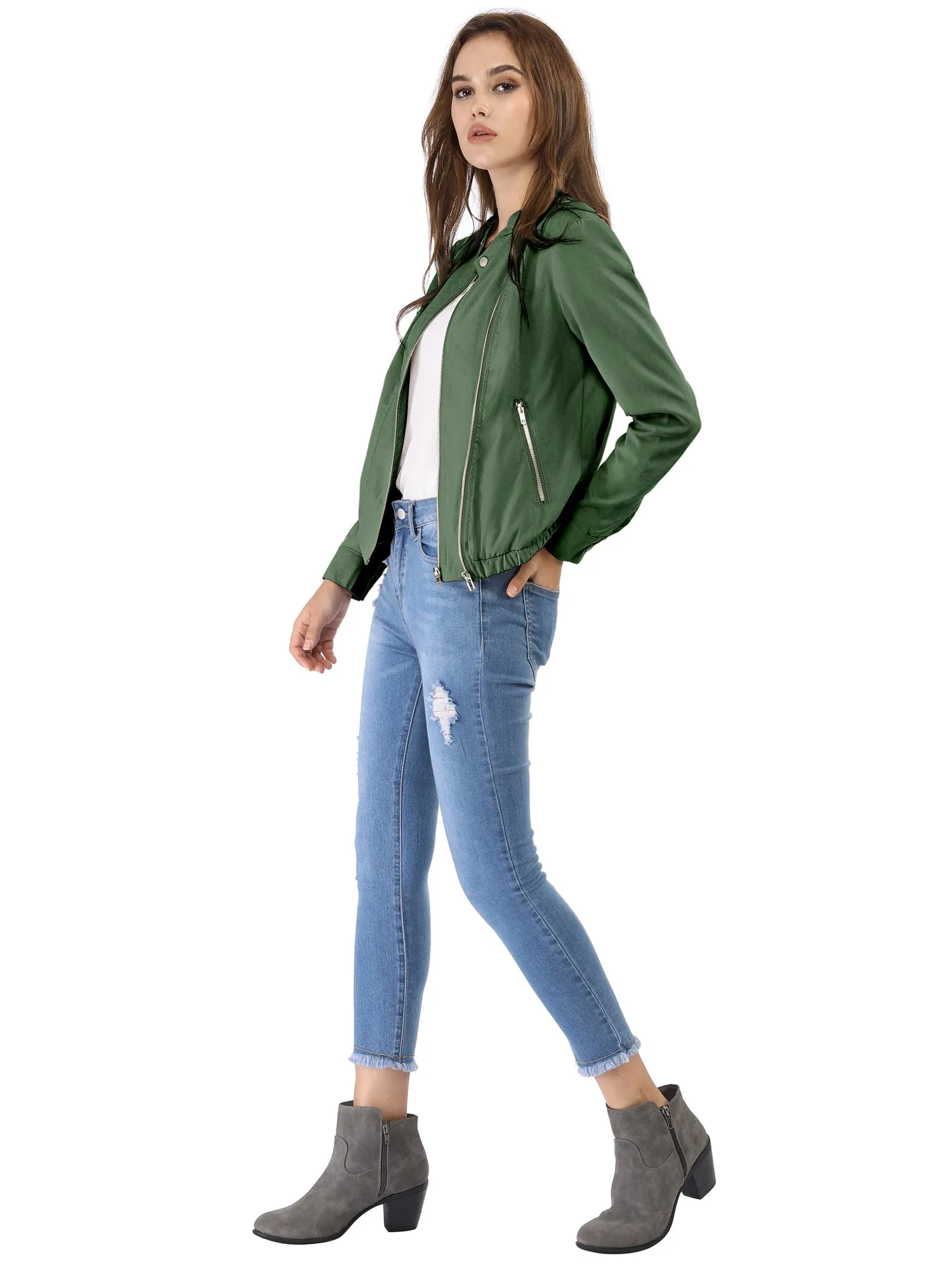 Casual Stand Collar Pocket Short Biker Lightweight Moto Jacket