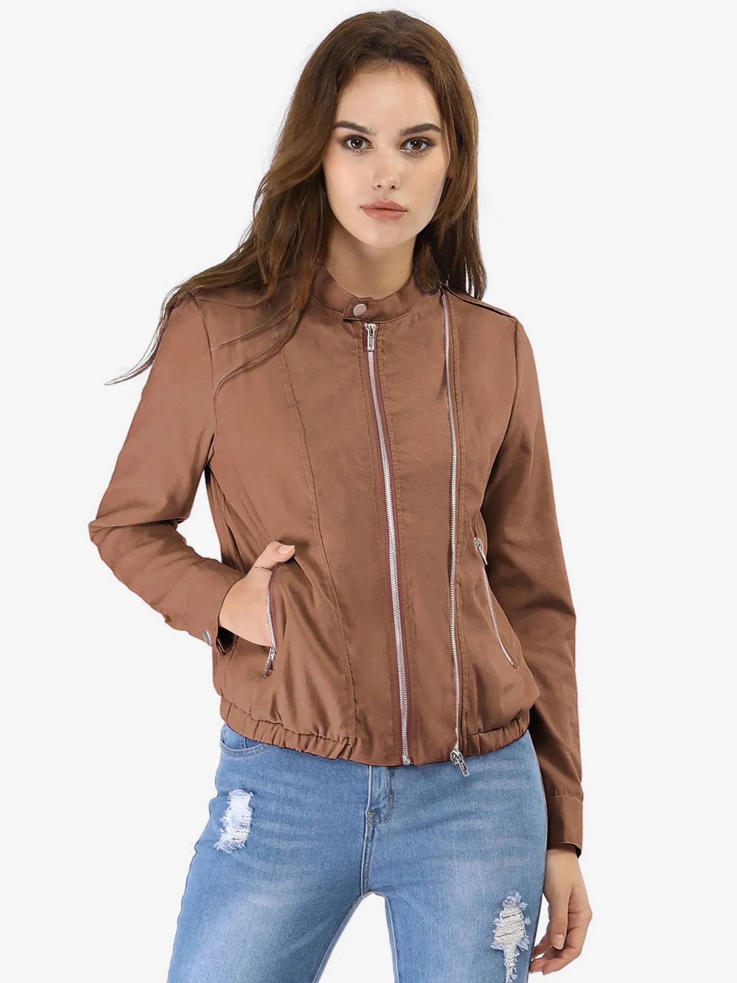 Casual Stand Collar Pocket Short Biker Lightweight Moto Jacket