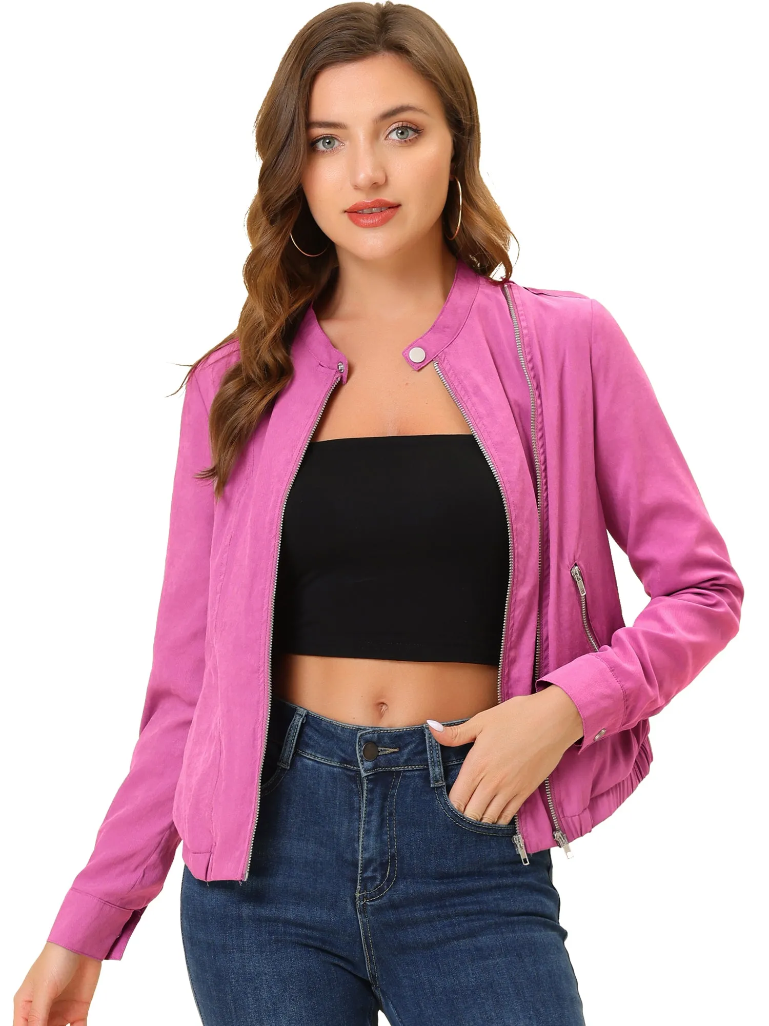 Casual Stand Collar Pocket Short Biker Lightweight Moto Jacket