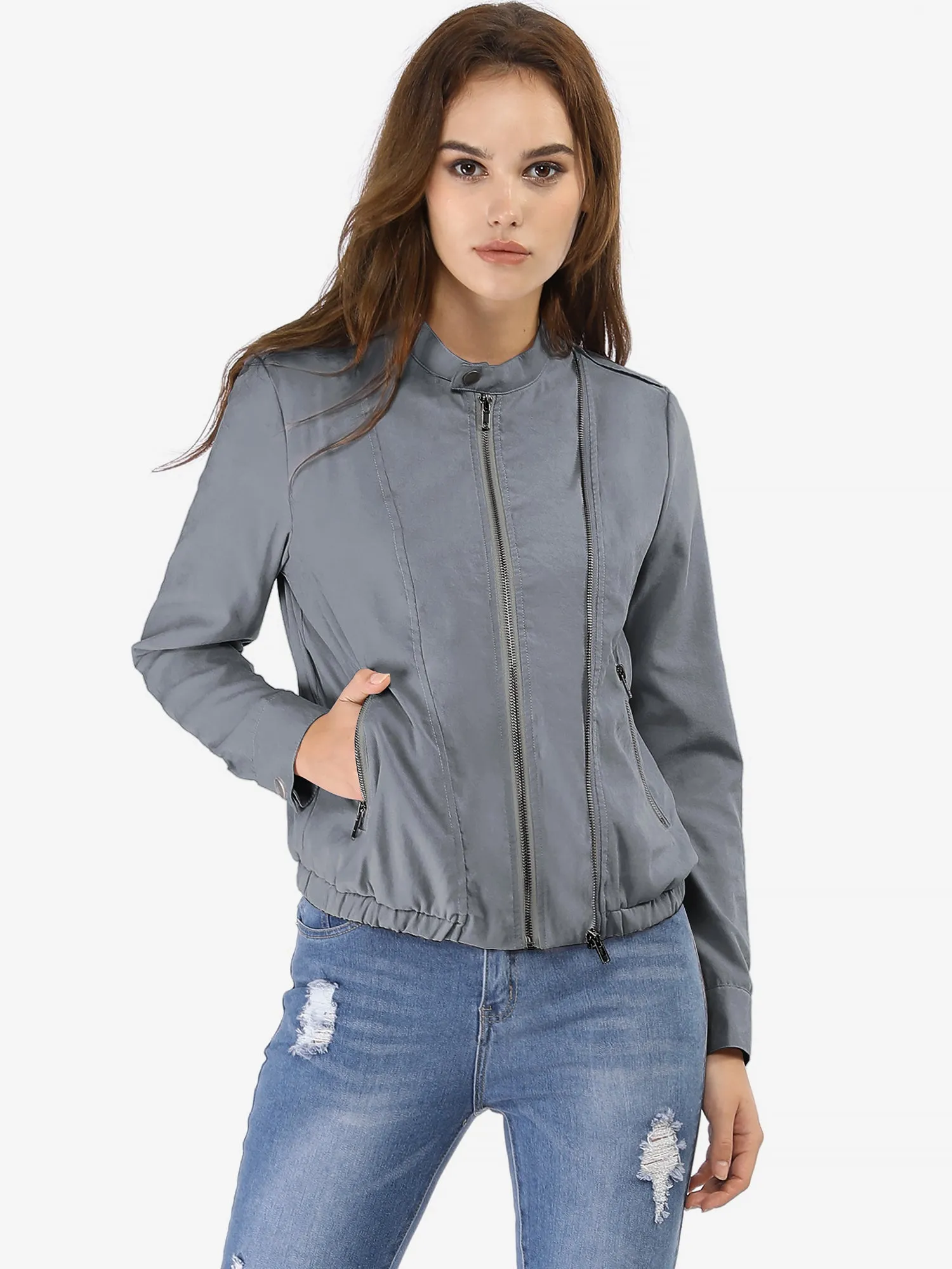 Casual Stand Collar Pocket Short Biker Lightweight Moto Jacket