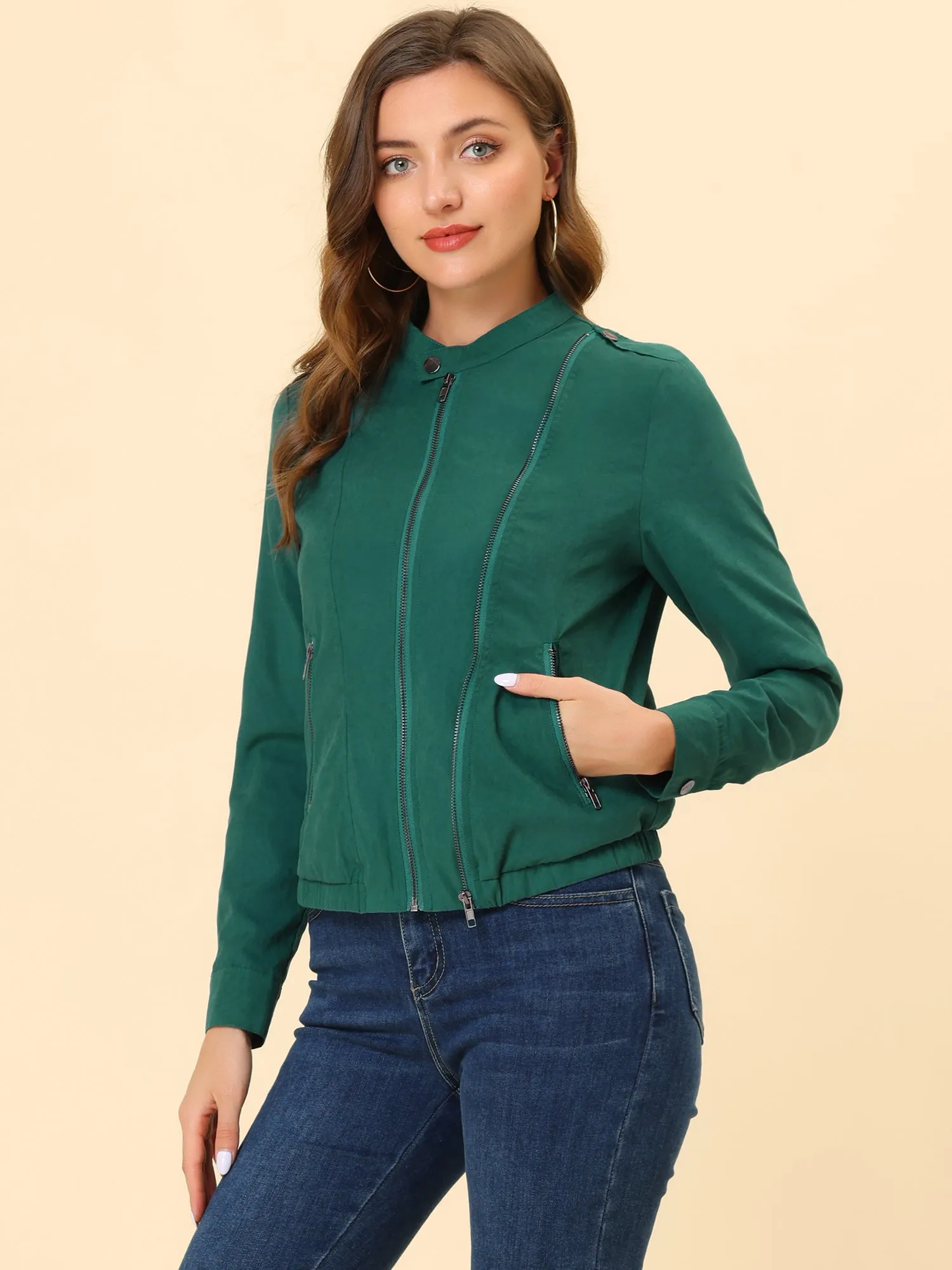 Casual Stand Collar Pocket Short Biker Lightweight Moto Jacket