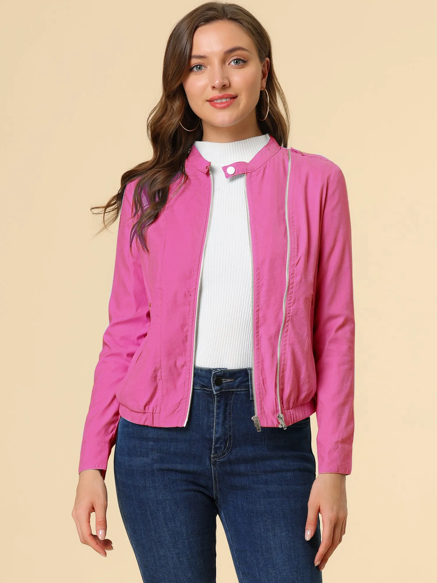 Casual Stand Collar Pocket Short Biker Lightweight Moto Jacket