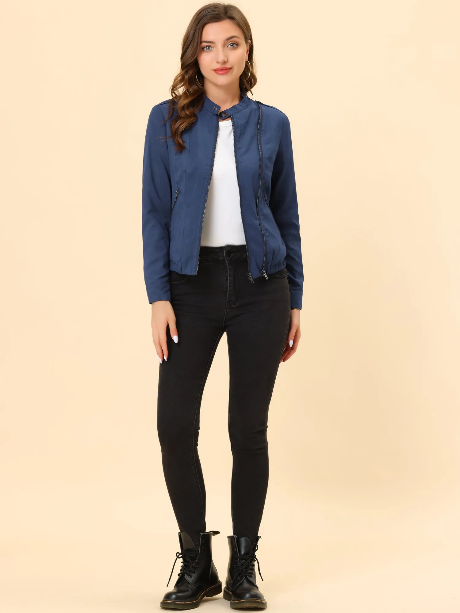 Casual Stand Collar Pocket Short Biker Lightweight Moto Jacket