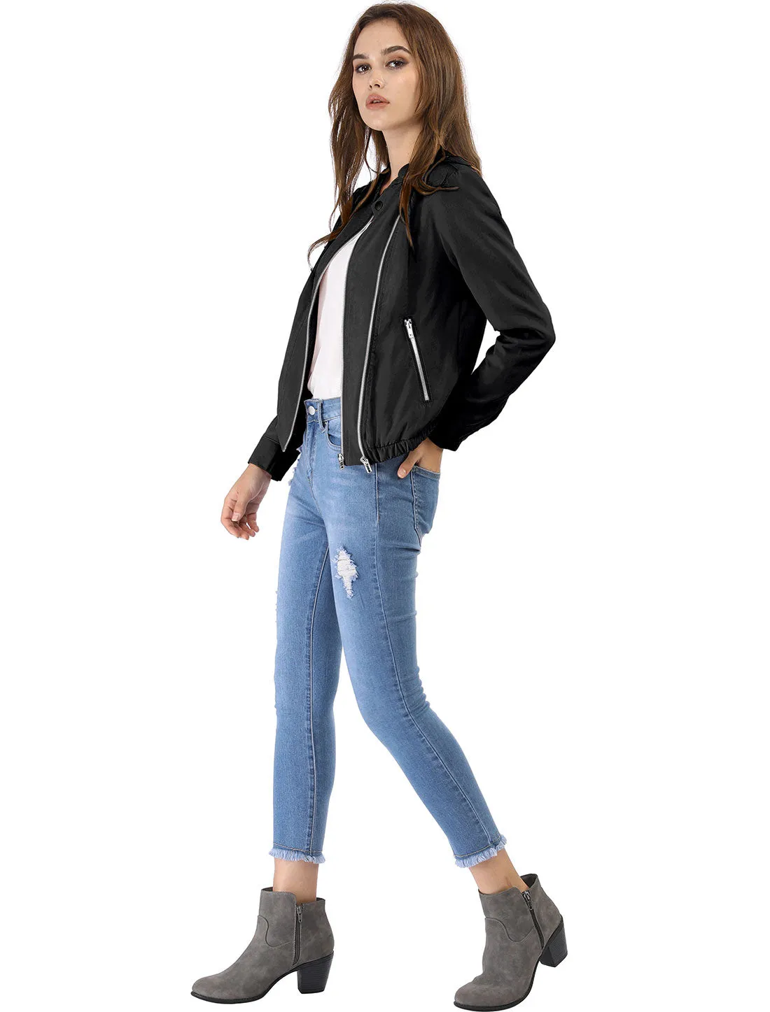 Casual Stand Collar Pocket Short Biker Lightweight Moto Jacket