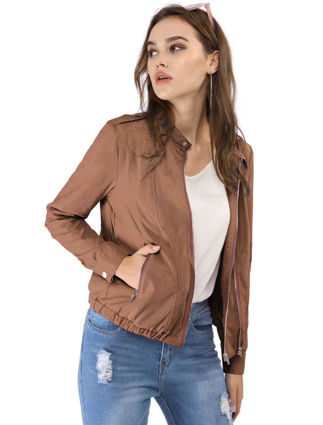 Casual Stand Collar Pocket Short Biker Lightweight Moto Jacket