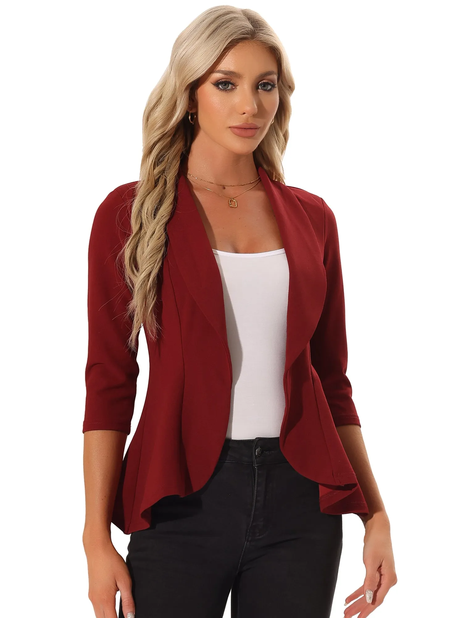 Draped Collar 3/4 Sleeve Ruffle Classic Open Front Jacket Blazer