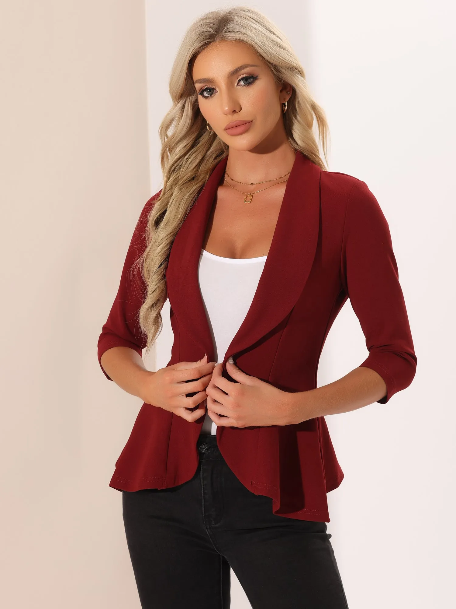 Draped Collar 3/4 Sleeve Ruffle Classic Open Front Jacket Blazer