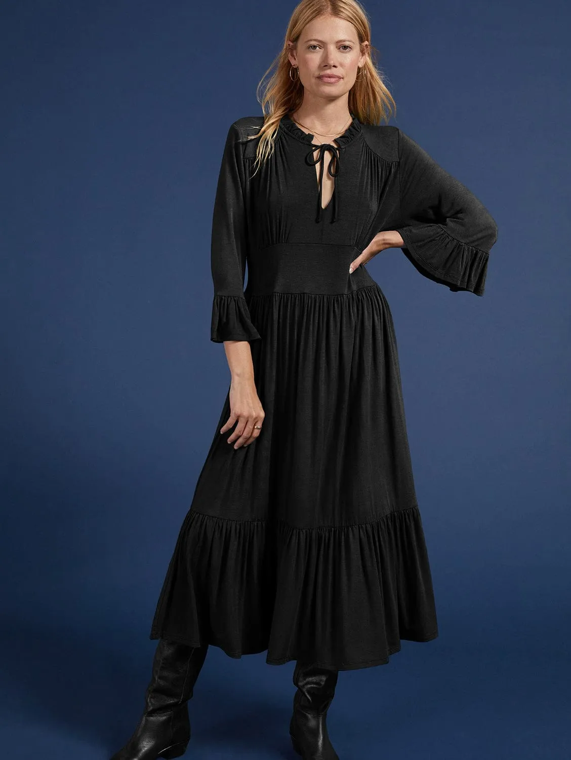 Elsie LENZING™ ECOVERO™ Jersey Tiered Hem Midi Dress | Caviar Black