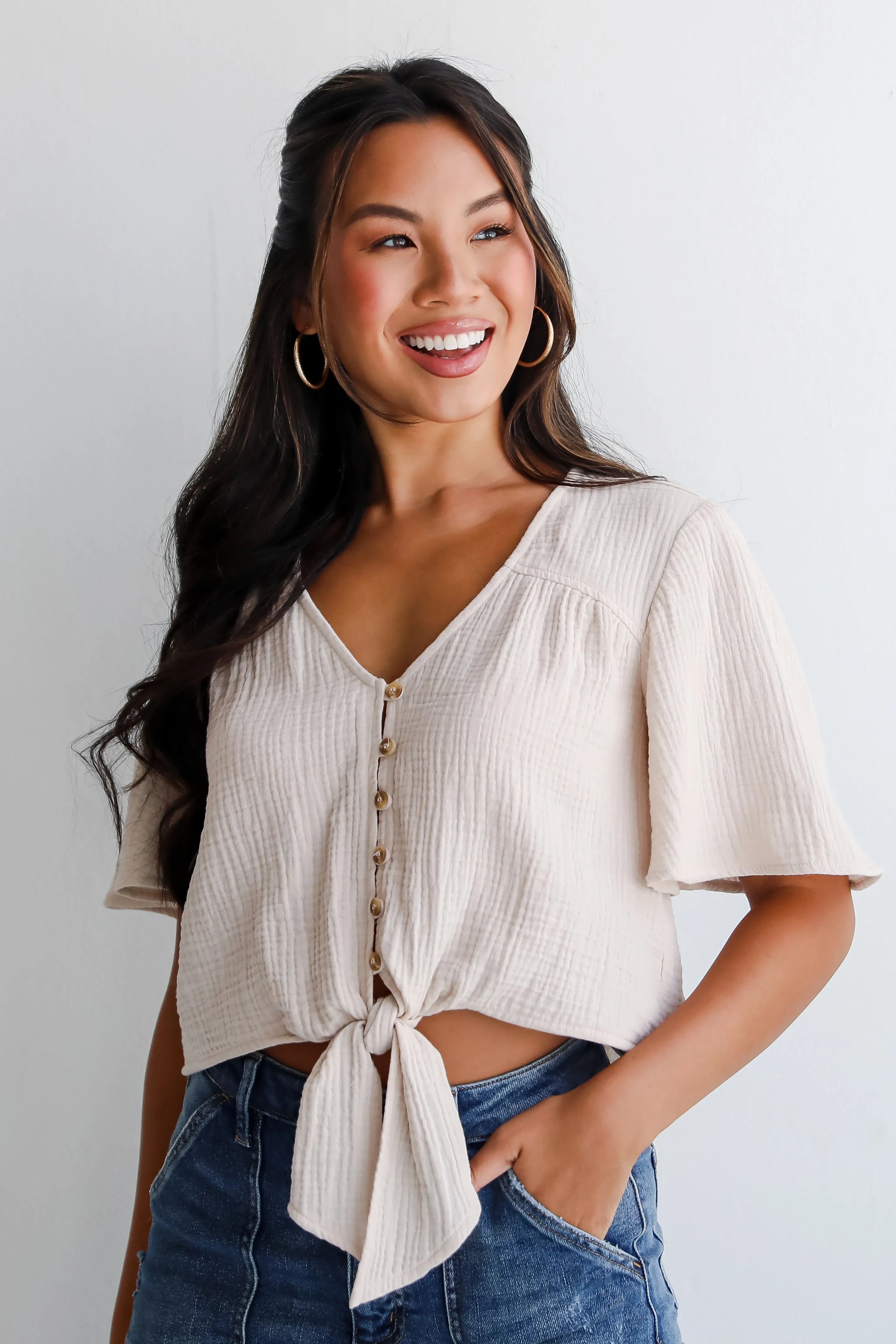 FINAL SALE - Considerably Cute Natural Linen Tie-Front Blouse