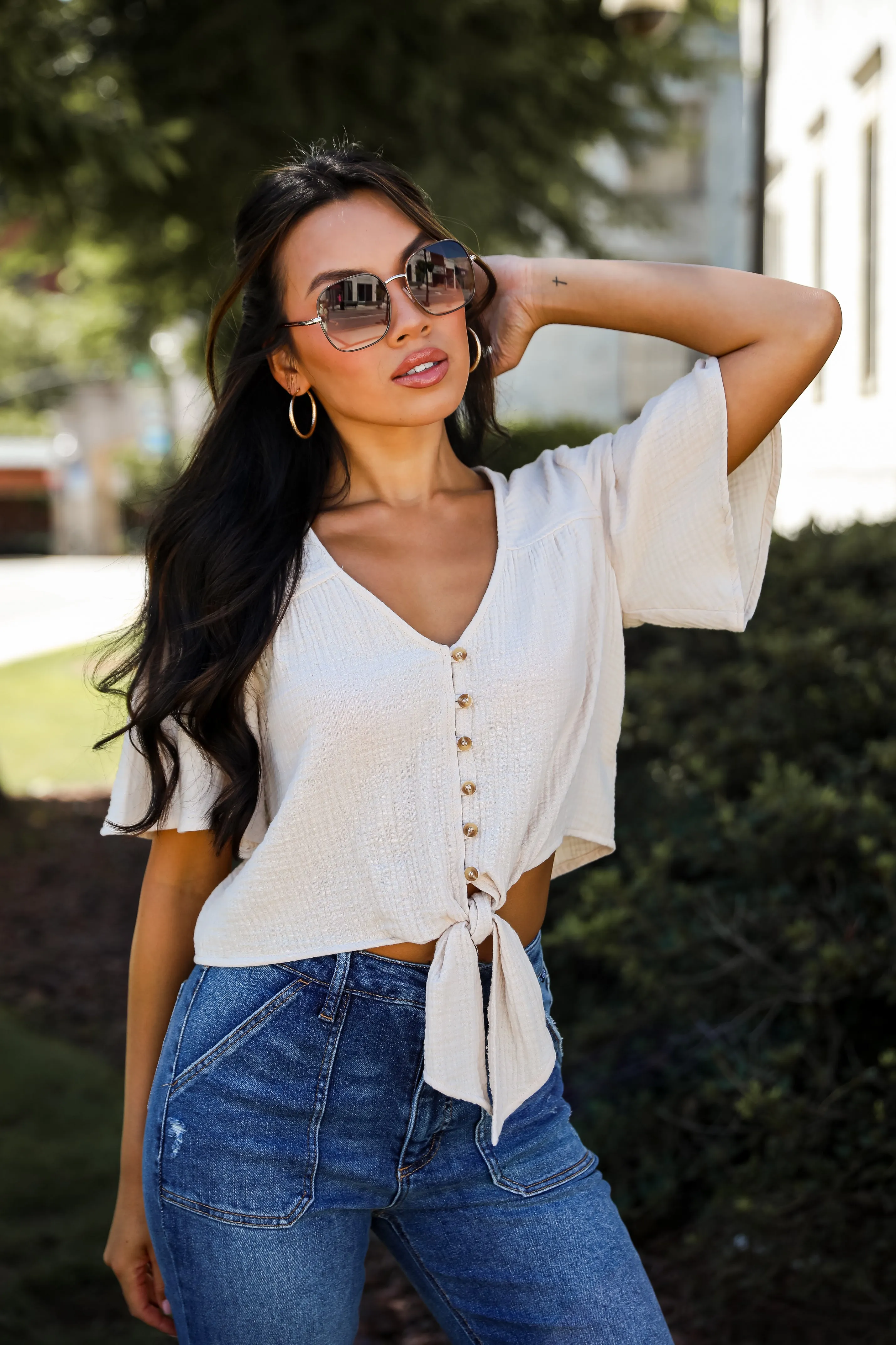 FINAL SALE - Considerably Cute Natural Linen Tie-Front Blouse