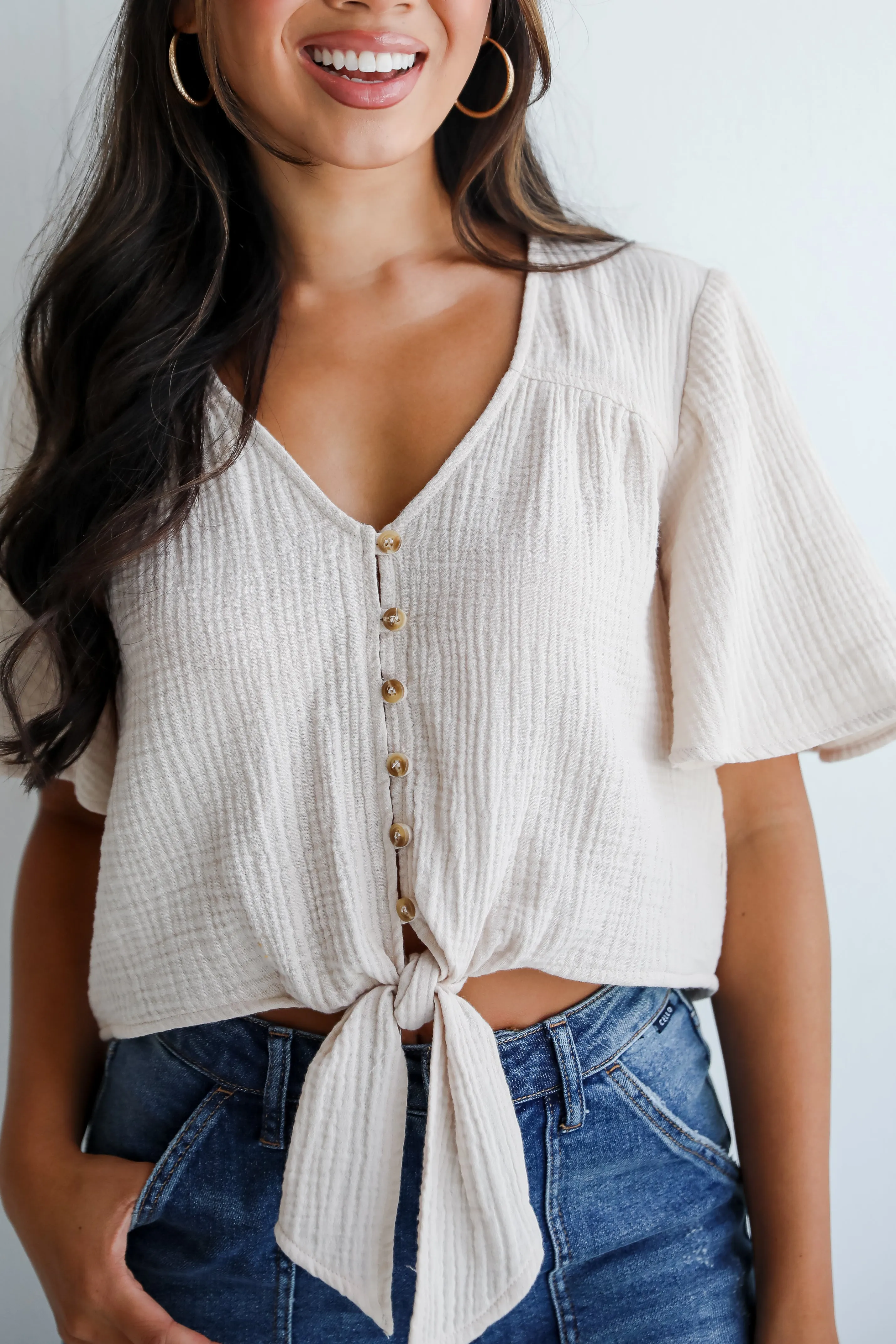 FINAL SALE - Considerably Cute Natural Linen Tie-Front Blouse