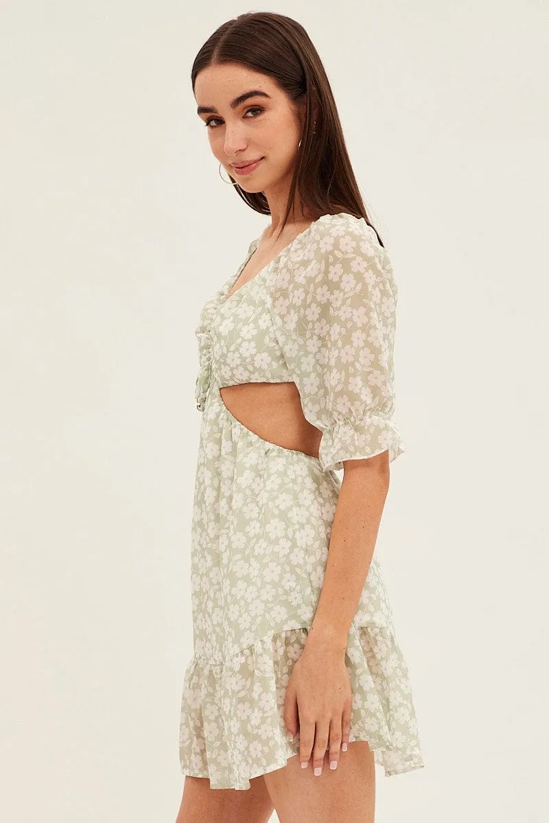 Green Floral Cutout Skater Dress