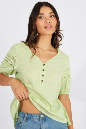 Green Top lace details sleeve texture cotton