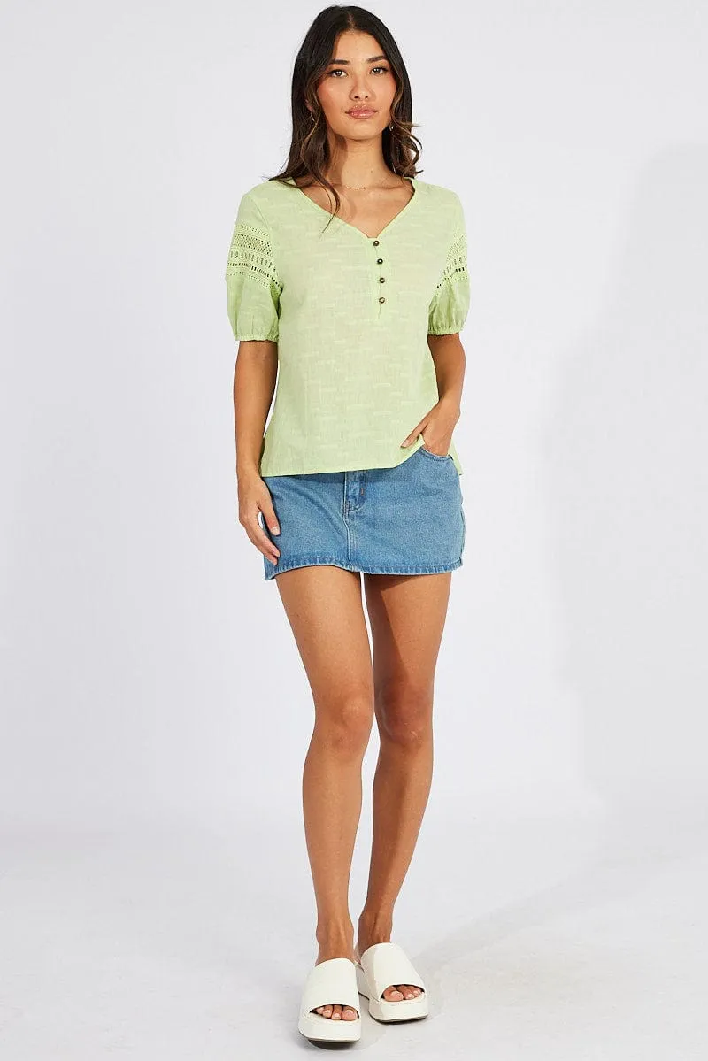 Green Top lace details sleeve texture cotton