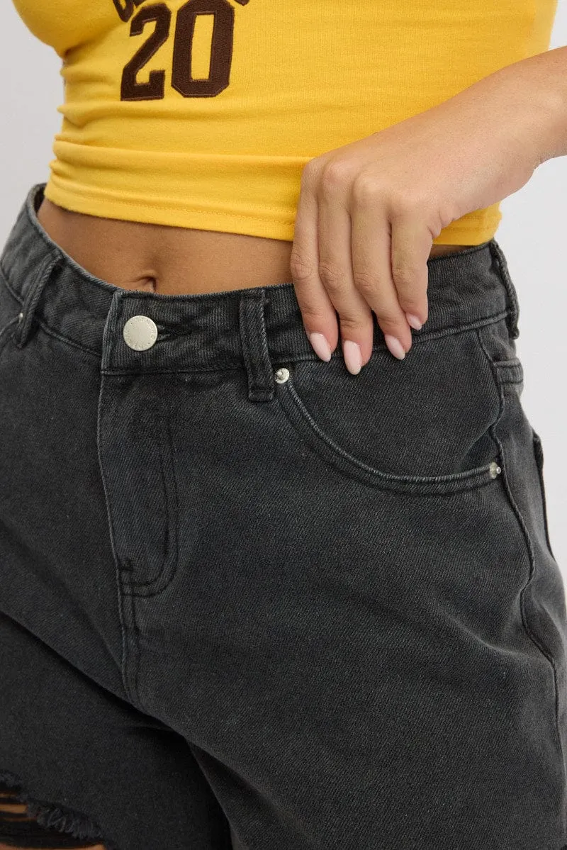 Grey Relaxed Denim Short Mid Rise