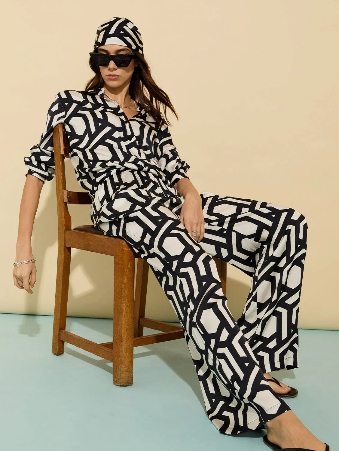 Kay Printed Satin Wide Leg Trousers | Black Geo