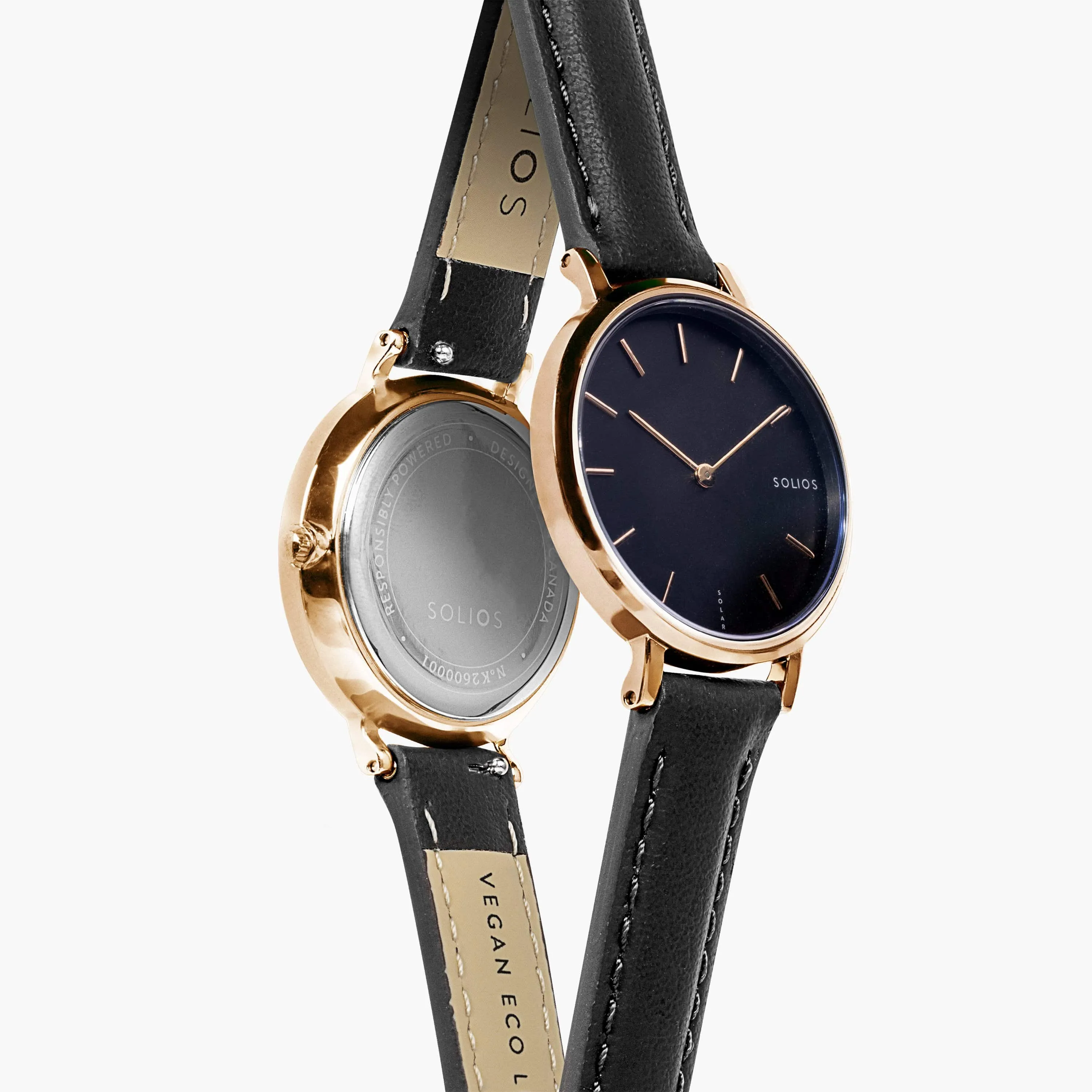 Mini Solar Watch with Black & Rose Gold Dial | Black Vegan Leather Strap