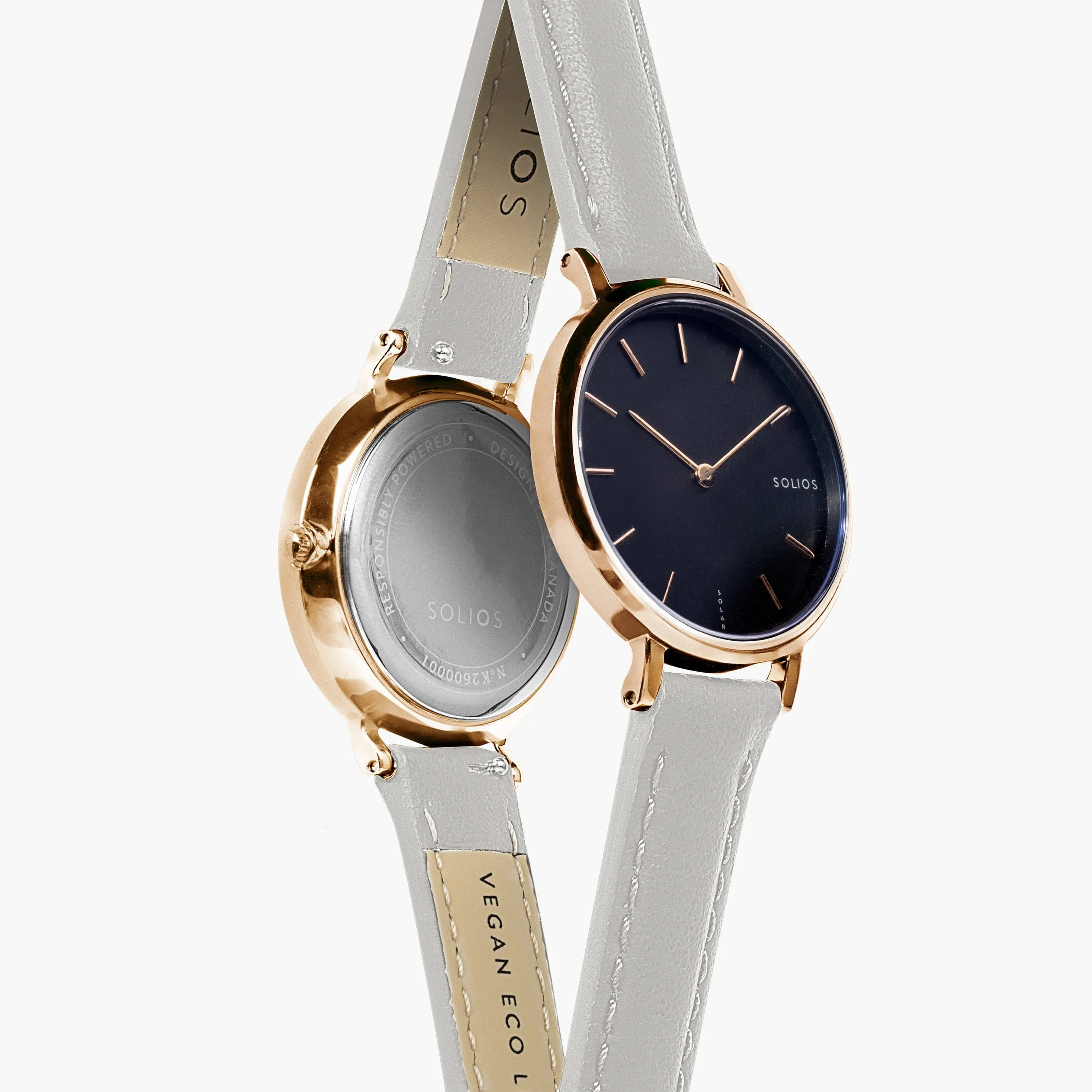 Mini Solar Watch with Black & Rose Gold Dial | Grey Vegan Leather Strap