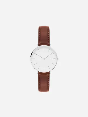 Mini Solar Watch with White & Silver Dial  | Brown Vegan Leather Strap