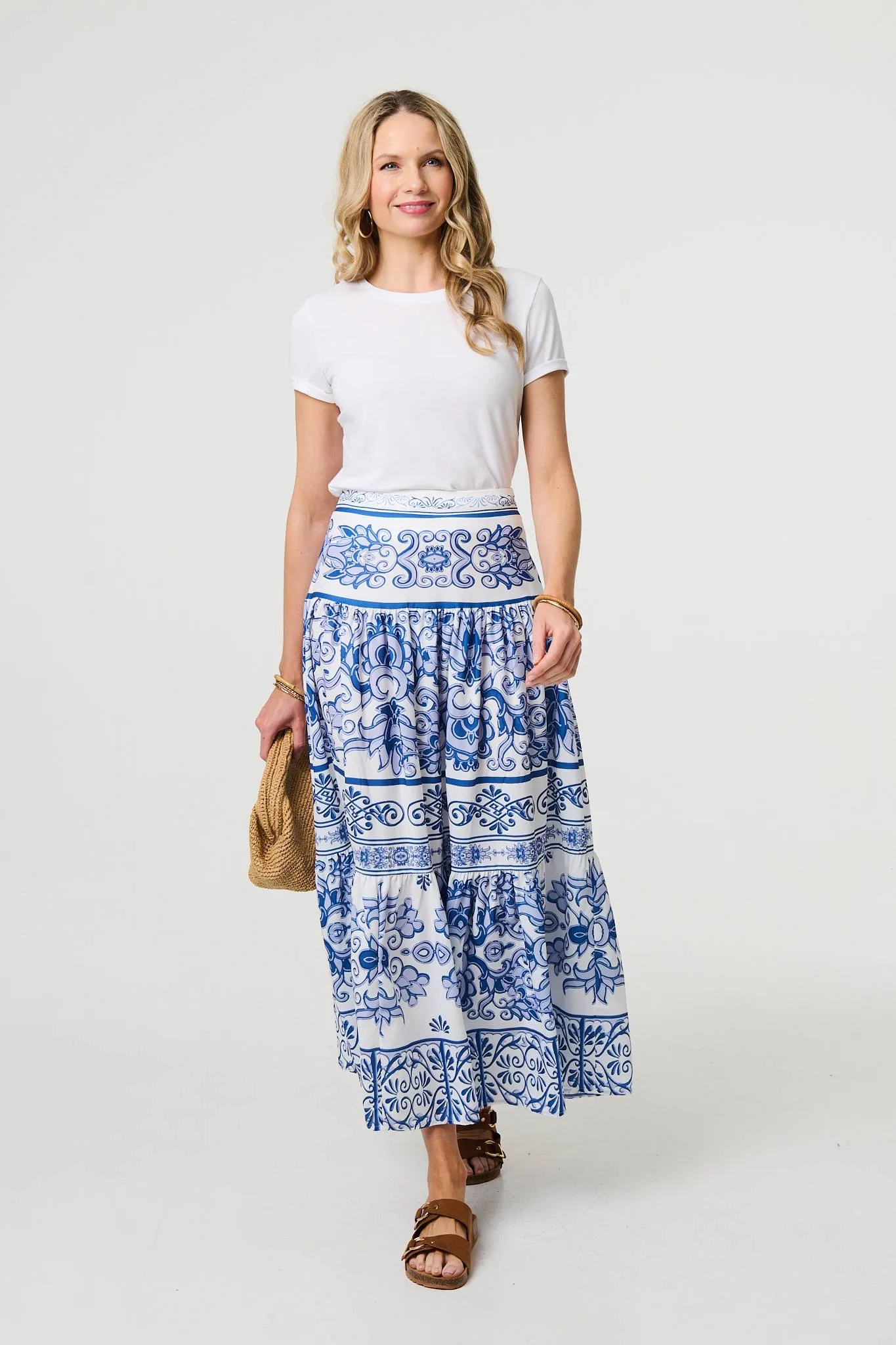 Mosaic Print High Waist Tiered Maxi Skirt