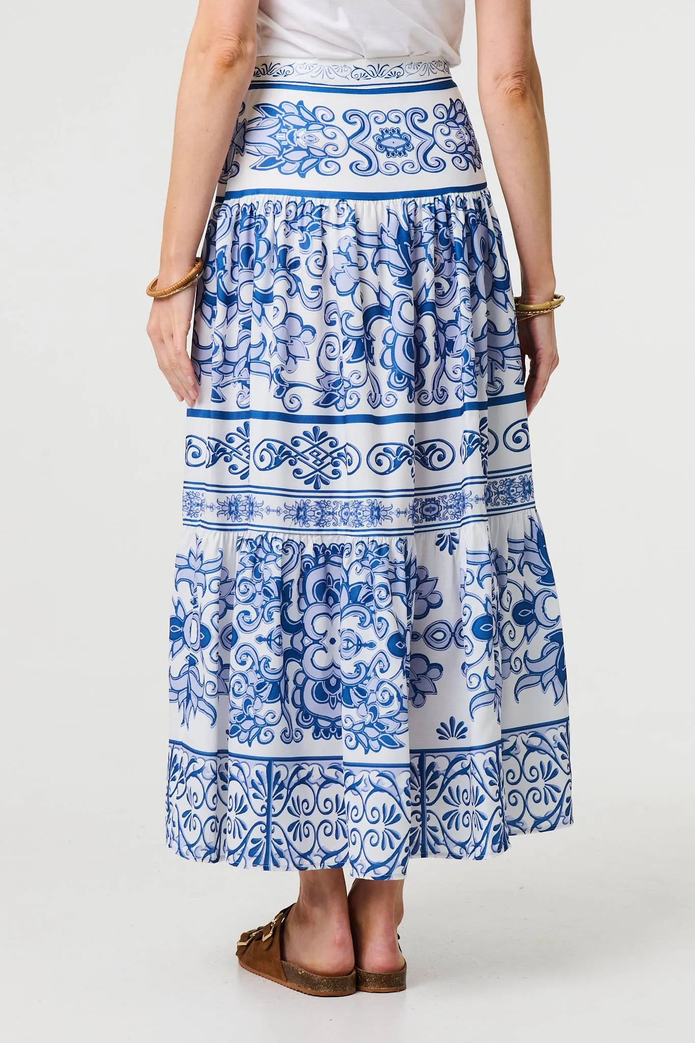 Mosaic Print High Waist Tiered Maxi Skirt
