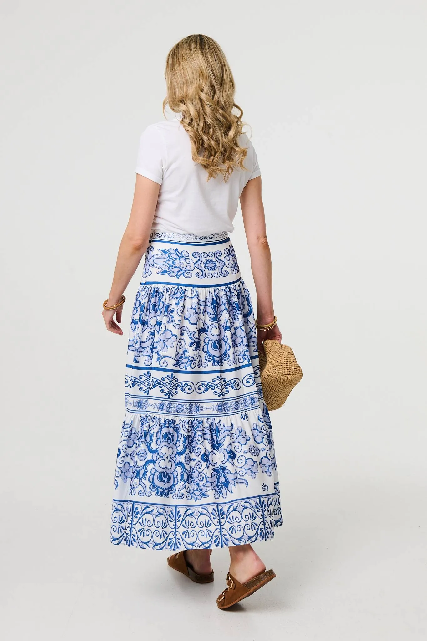 Mosaic Print High Waist Tiered Maxi Skirt