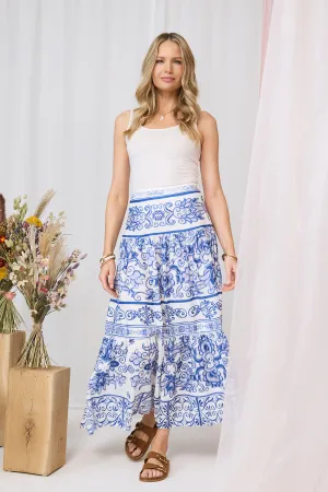 Mosaic Print High Waist Tiered Maxi Skirt