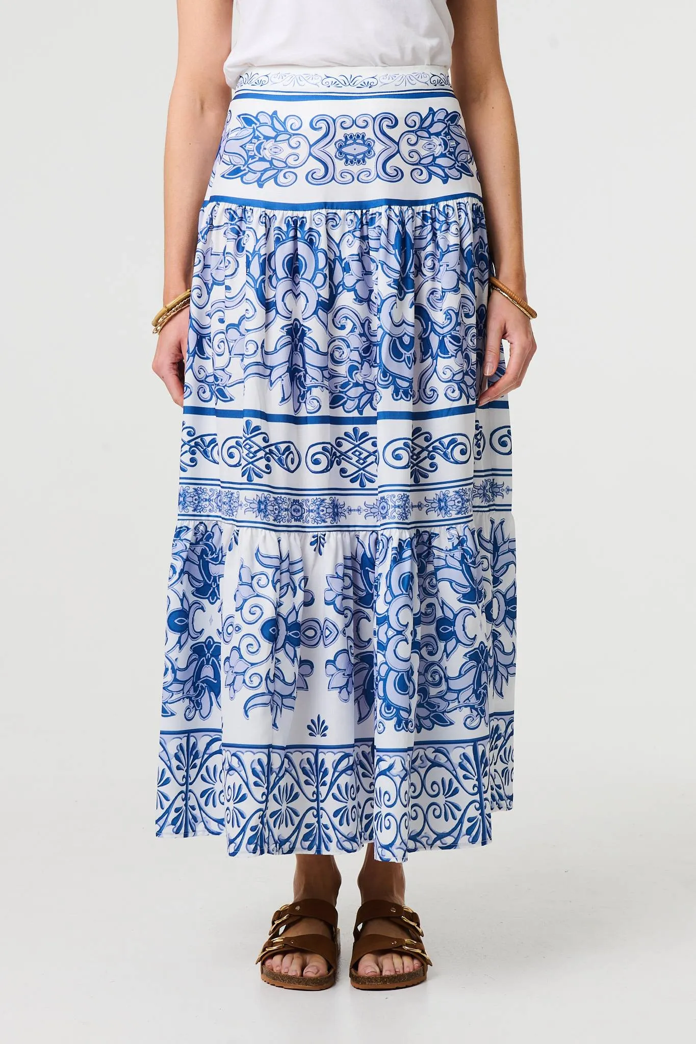 Mosaic Print High Waist Tiered Maxi Skirt