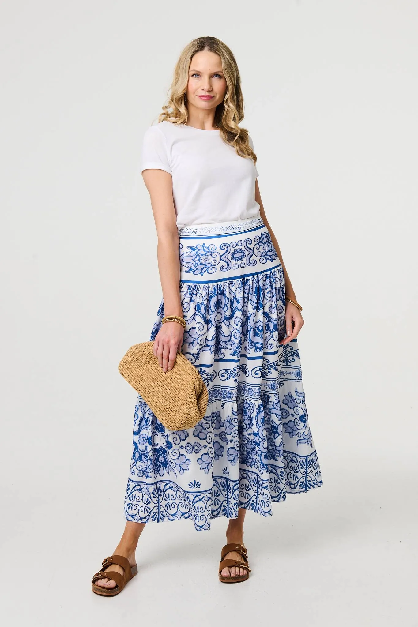 Mosaic Print High Waist Tiered Maxi Skirt