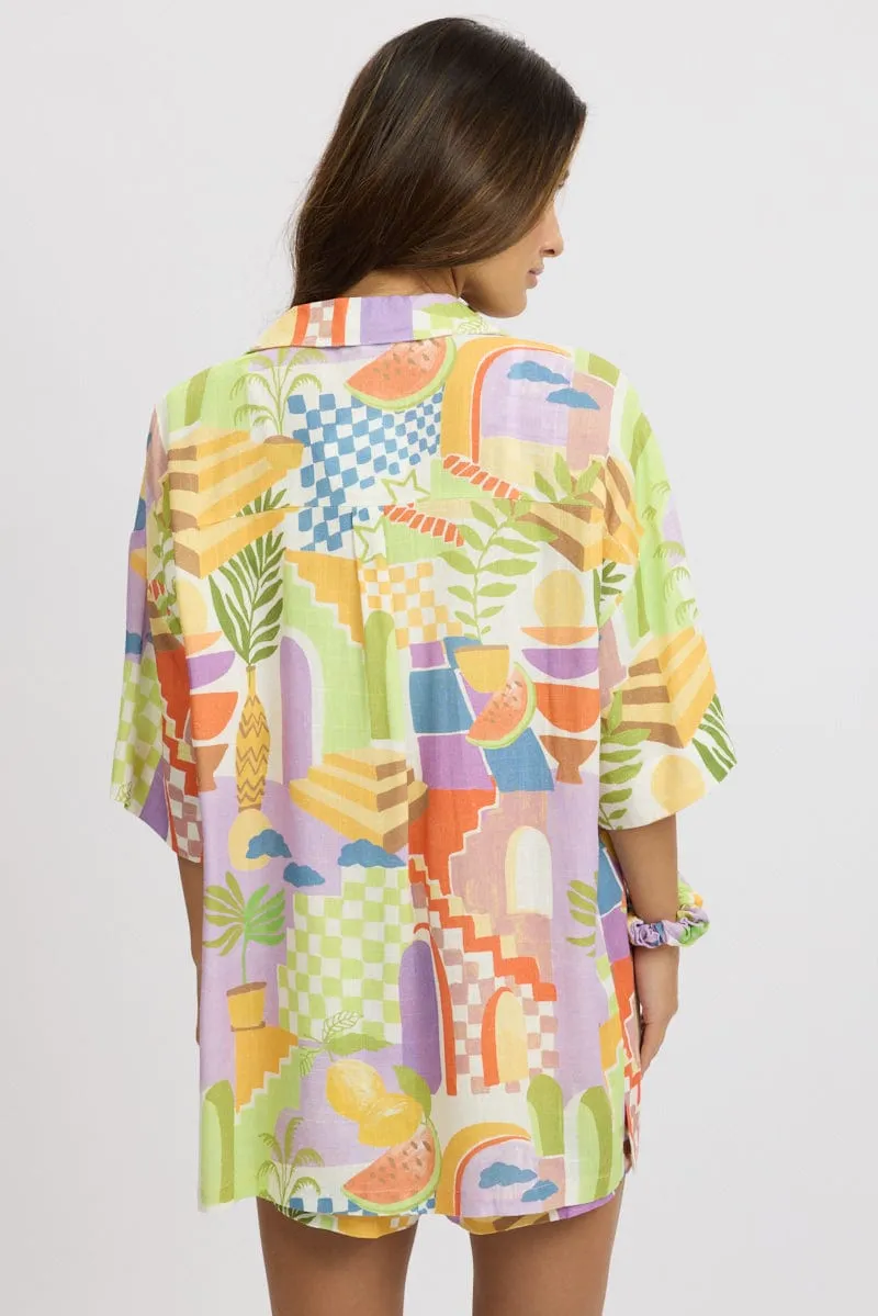 Multi Abstract Relaxed Shirt Short Sleeve Linen Blend