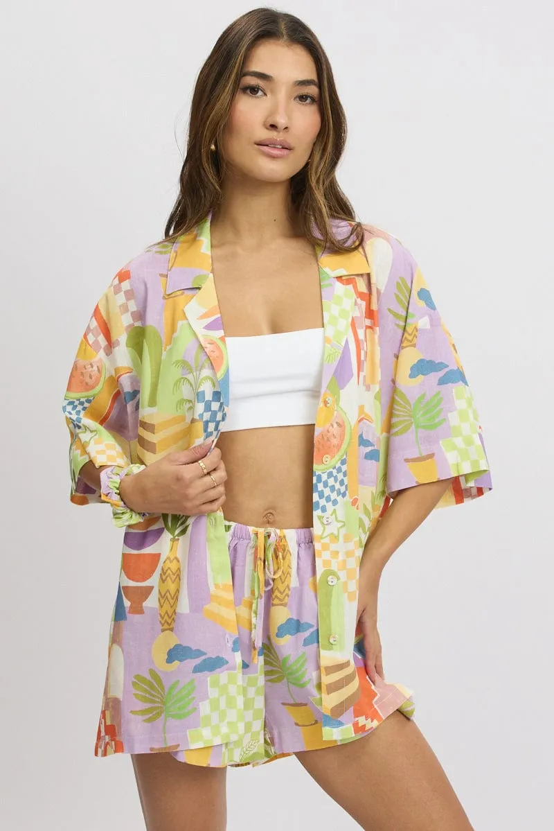 Multi Abstract Relaxed Shirt Short Sleeve Linen Blend