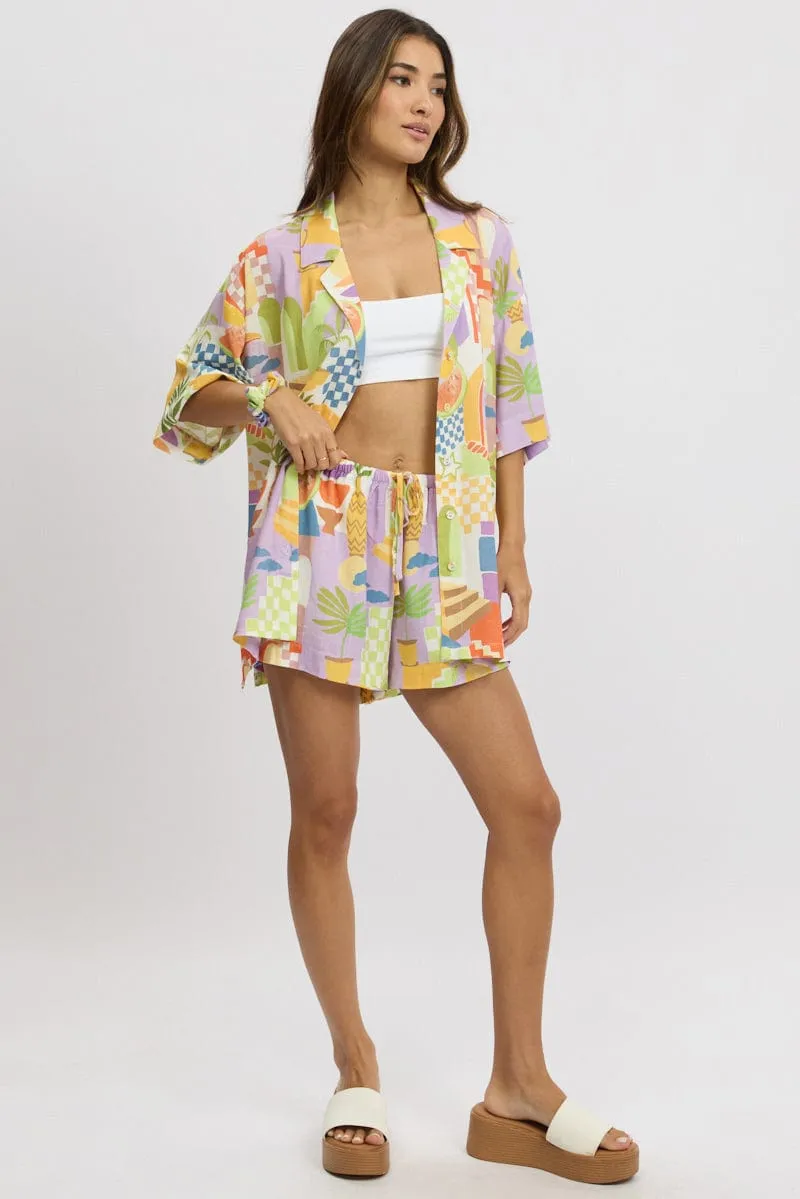Multi Abstract Relaxed Shirt Short Sleeve Linen Blend
