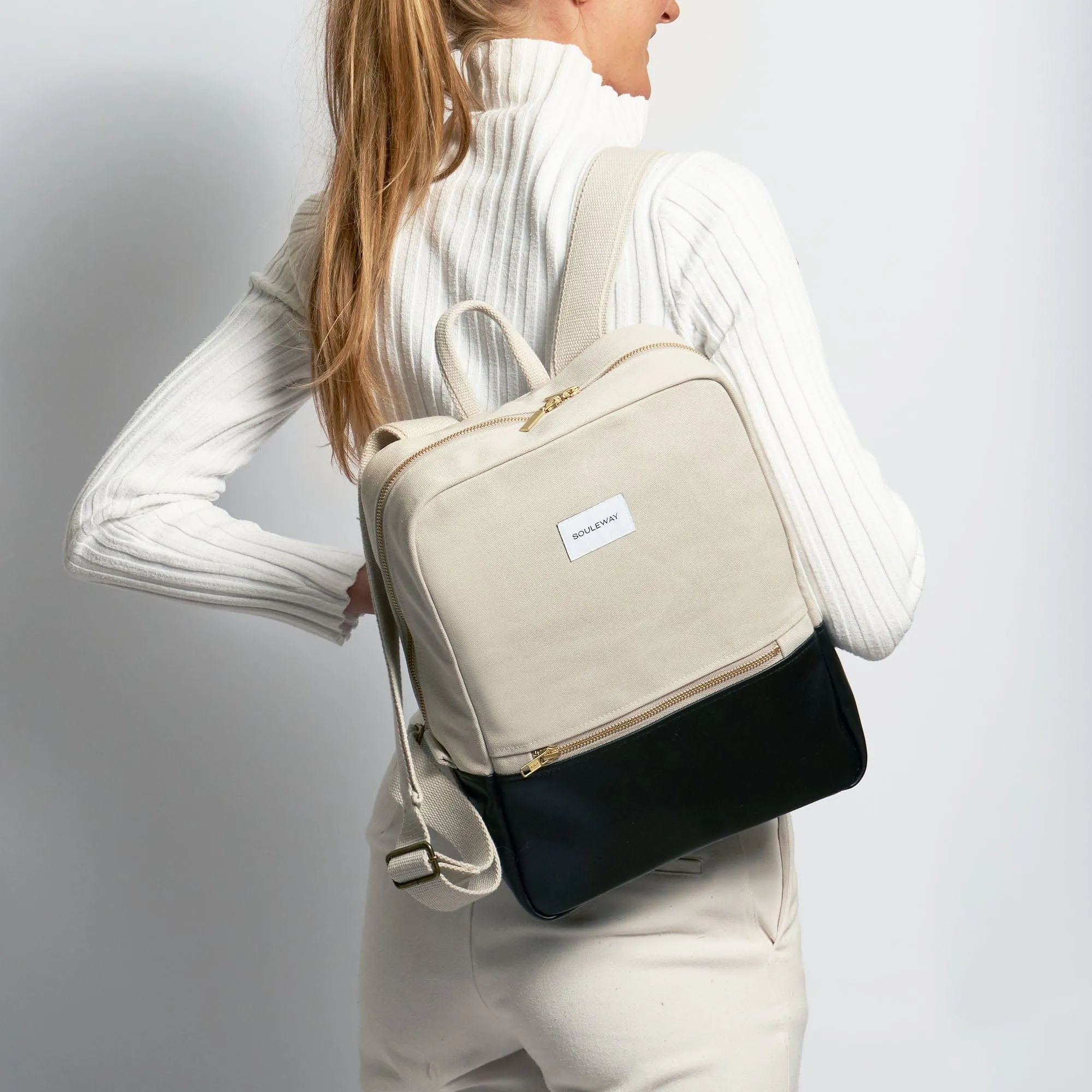 Natural Cotton Canvas Two-Tone Daypack | Sand & Black