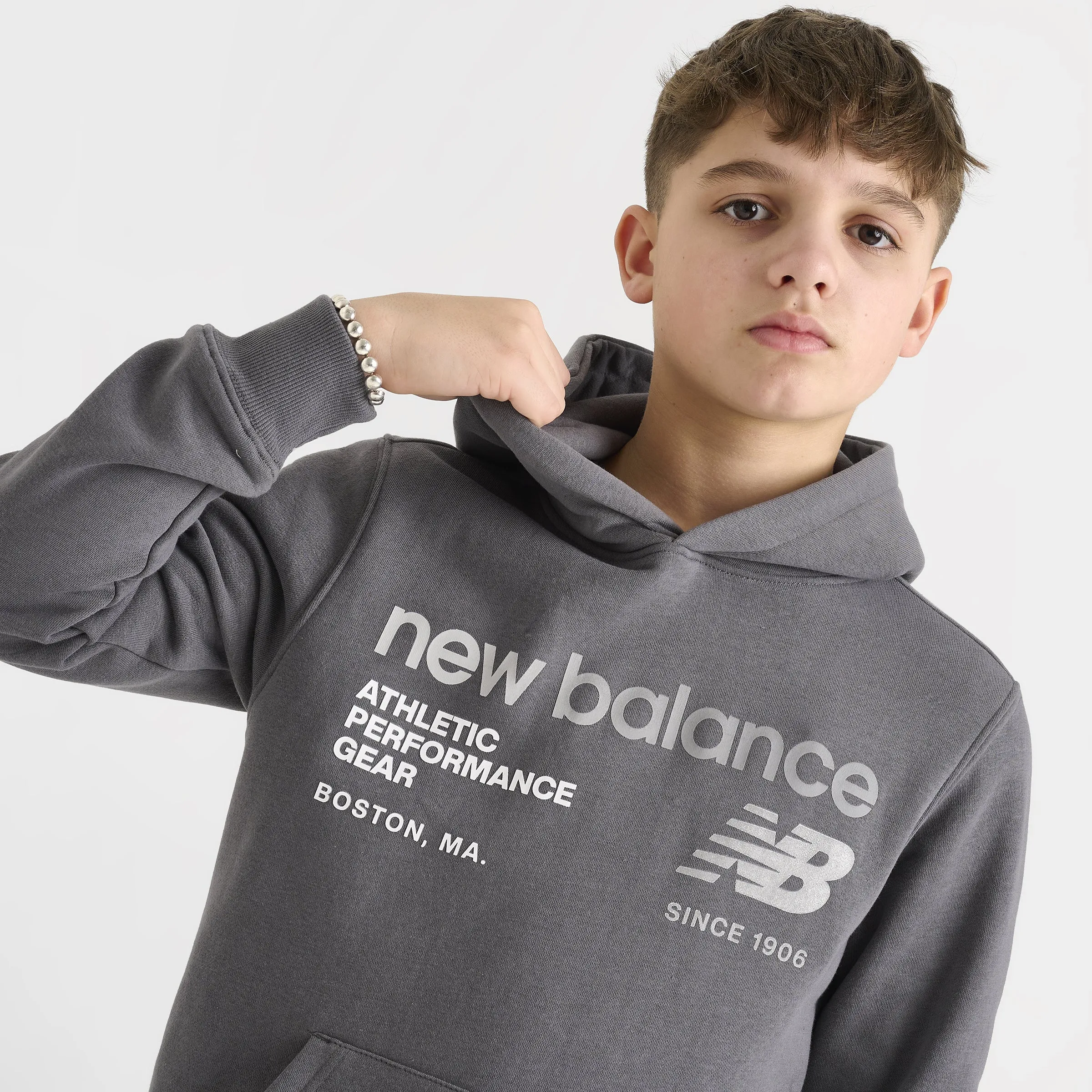 New Balance Junior Boys' Linear Logo Pullover Hoodie / Castle Rock