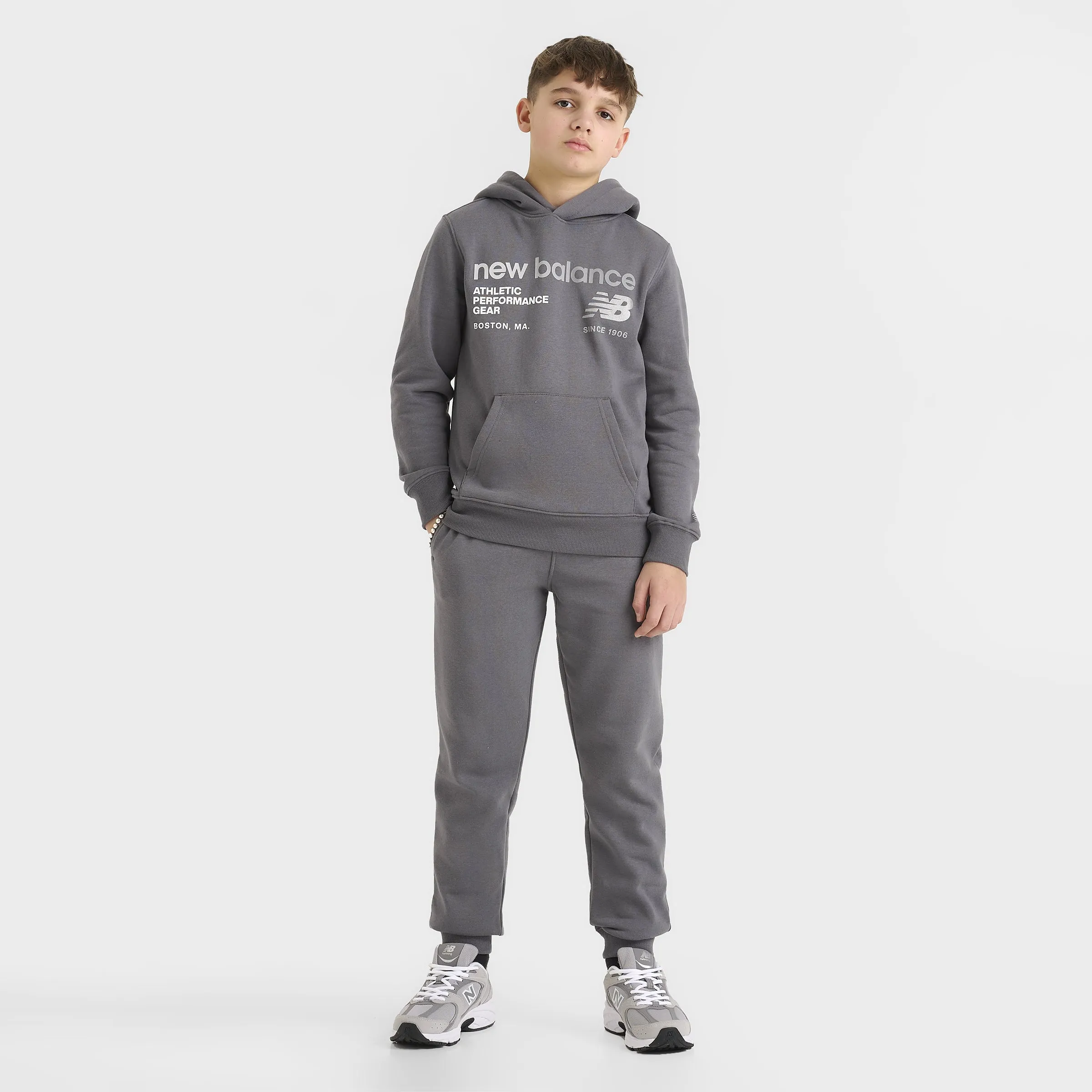 New Balance Junior Boys' Linear Logo Pullover Hoodie / Castle Rock