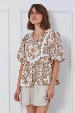 Print Relaxed Top Short Sleeve Oversized Square Neck