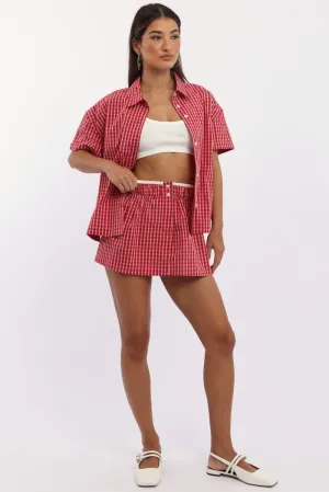 Red Check Boxer Mini Skirt Mid Rise Relaxed Fit